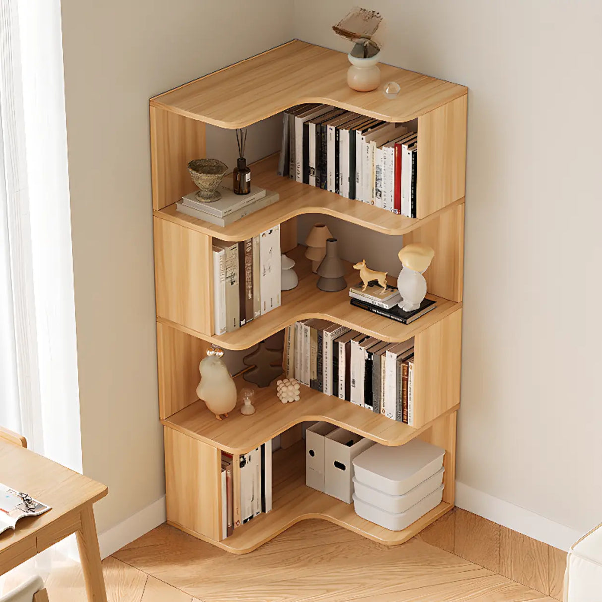 Modern Natural Wood Finish L-shape Corner Bookcase Image - 5