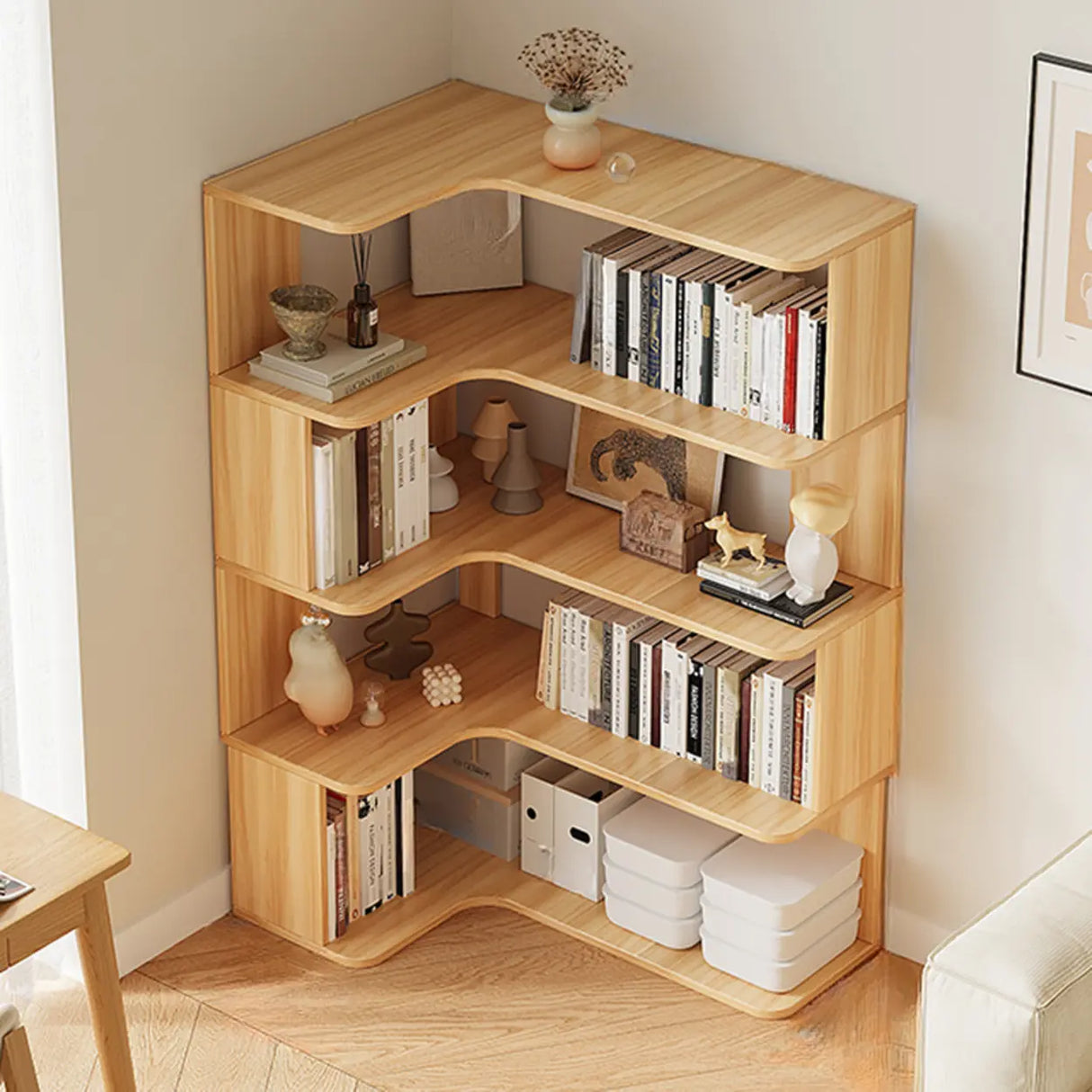 Modern Natural Wood Finish L-shape Corner Bookcase Image - 7