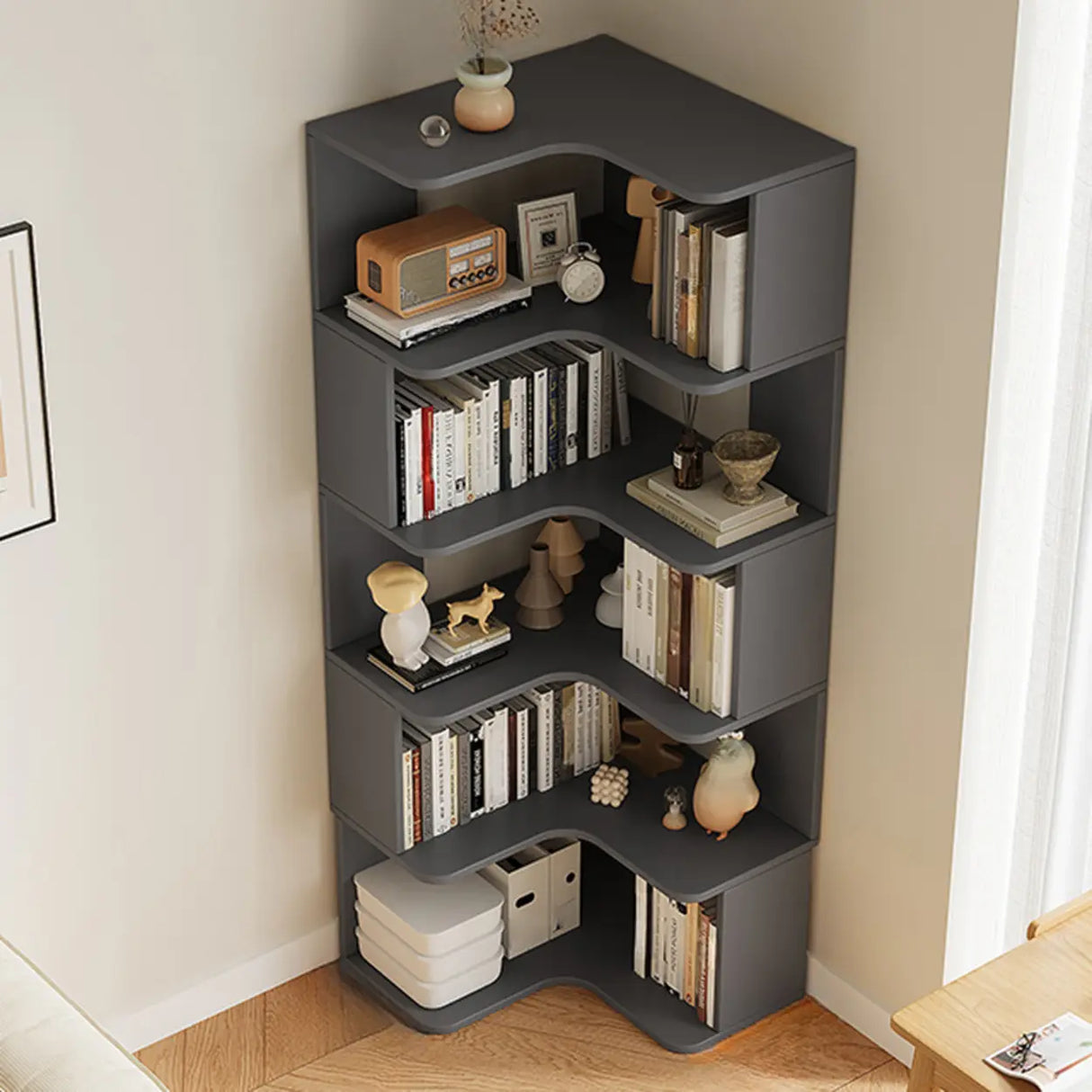 Modern Natural Wood Finish L-shape Corner Bookcase Image - 9