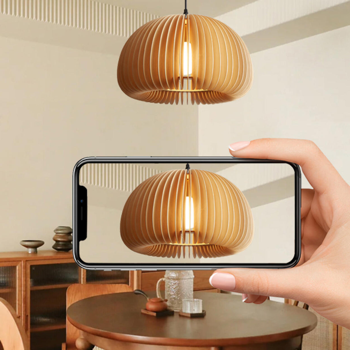 Modern Natural Wooden Pumpkin Slatted Pendant Lights Image - 12