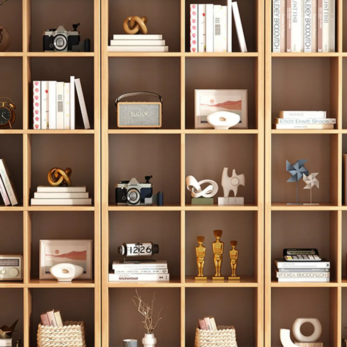 Modern Oak Vertical Multi-Size Wood Etagere Bookcase Image - 11