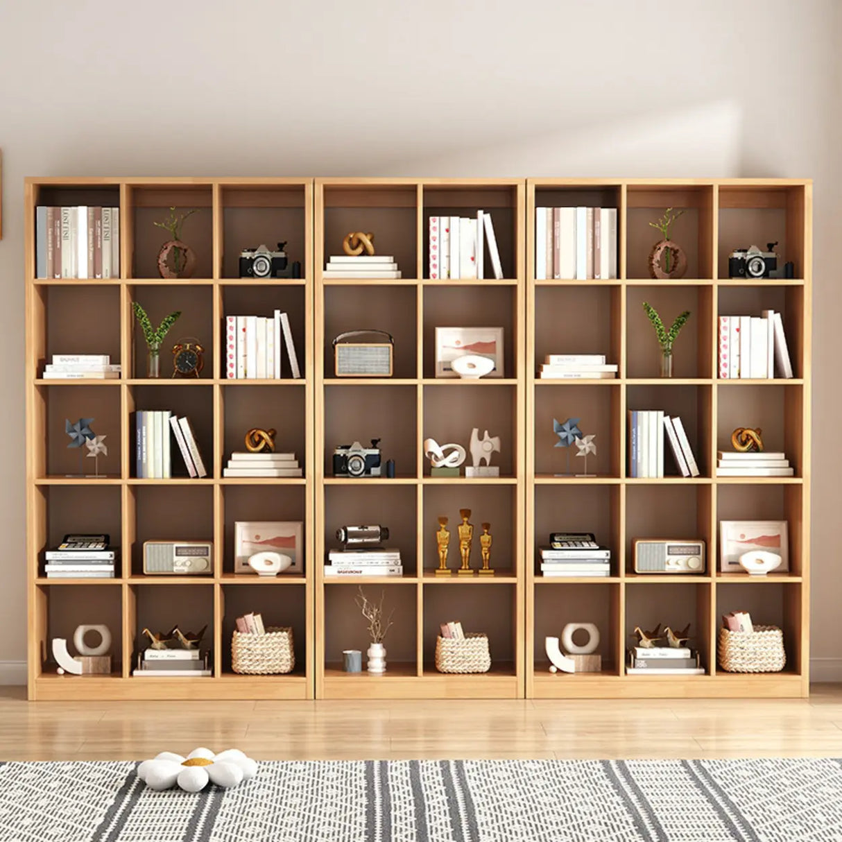 Modern Oak Vertical Multi-Size Wood Etagere Bookcase Image - 1