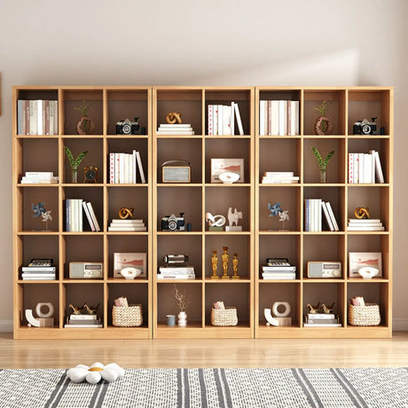 Modern Oak Vertical Multi-Size Wood Etagere Bookcase Image - 1