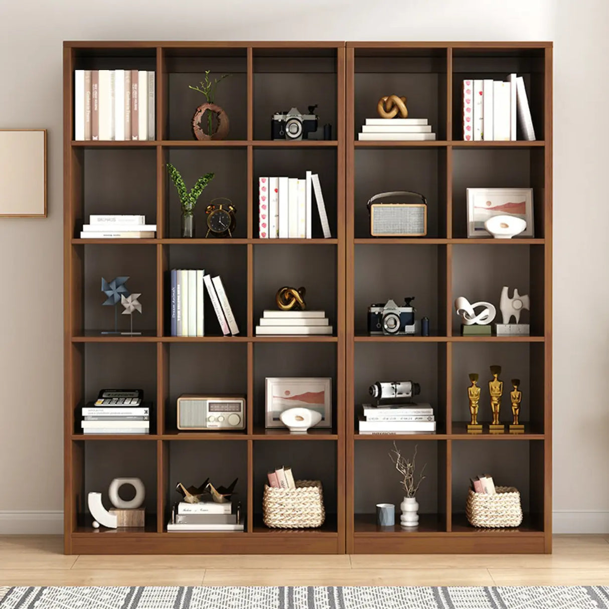 Modern Oak Vertical Multi-Size Wood Etagere Bookcase Image - 4