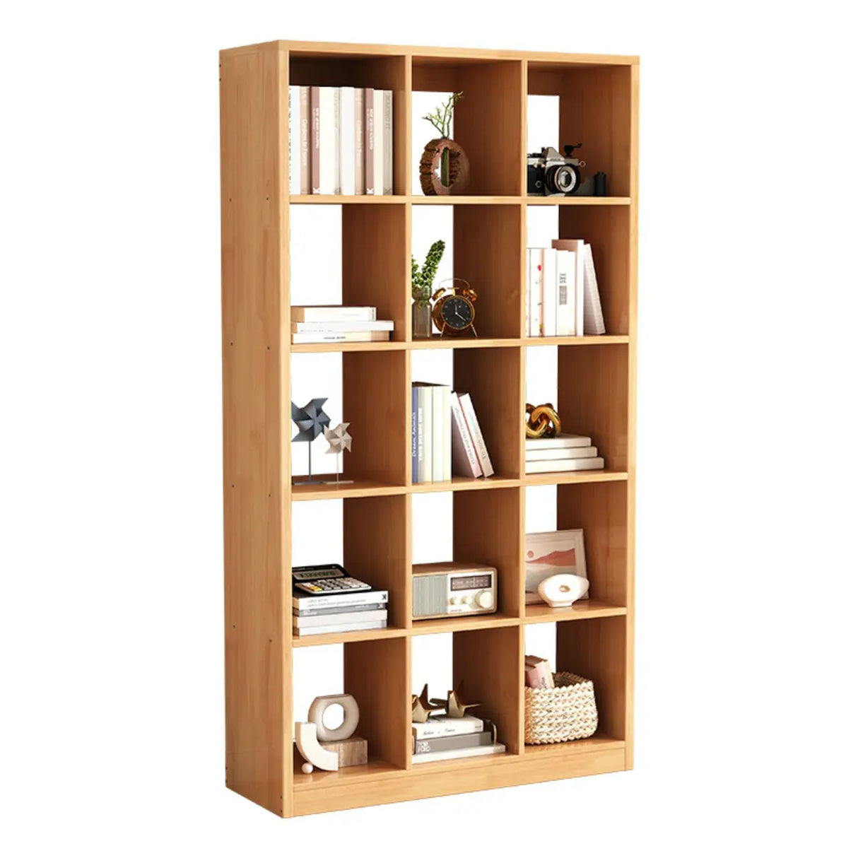 Modern Oak Vertical Multi-Size Wood Etagere Bookcase Image - 5
