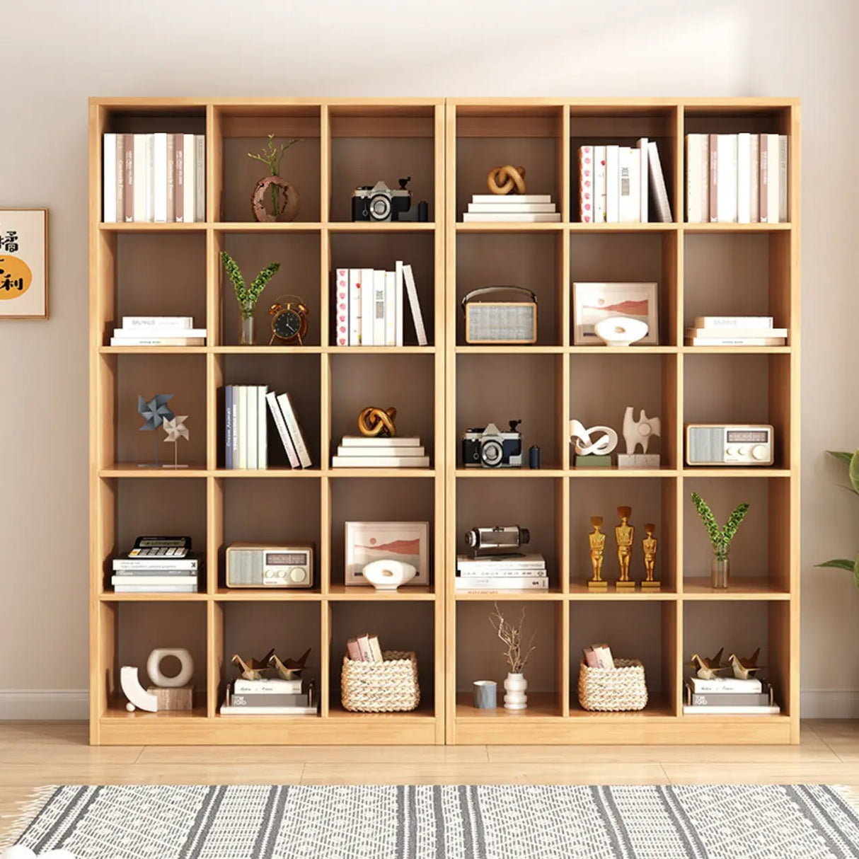 Modern Oak Vertical Multi-Size Wood Etagere Bookcase Image - 6