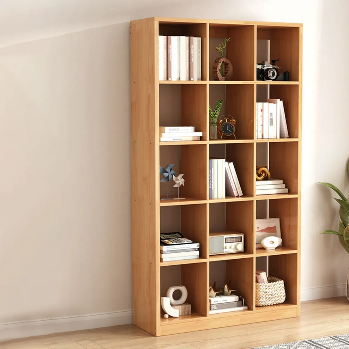 Modern Oak Vertical Multi-Size Wood Etagere Bookcase Image - 7