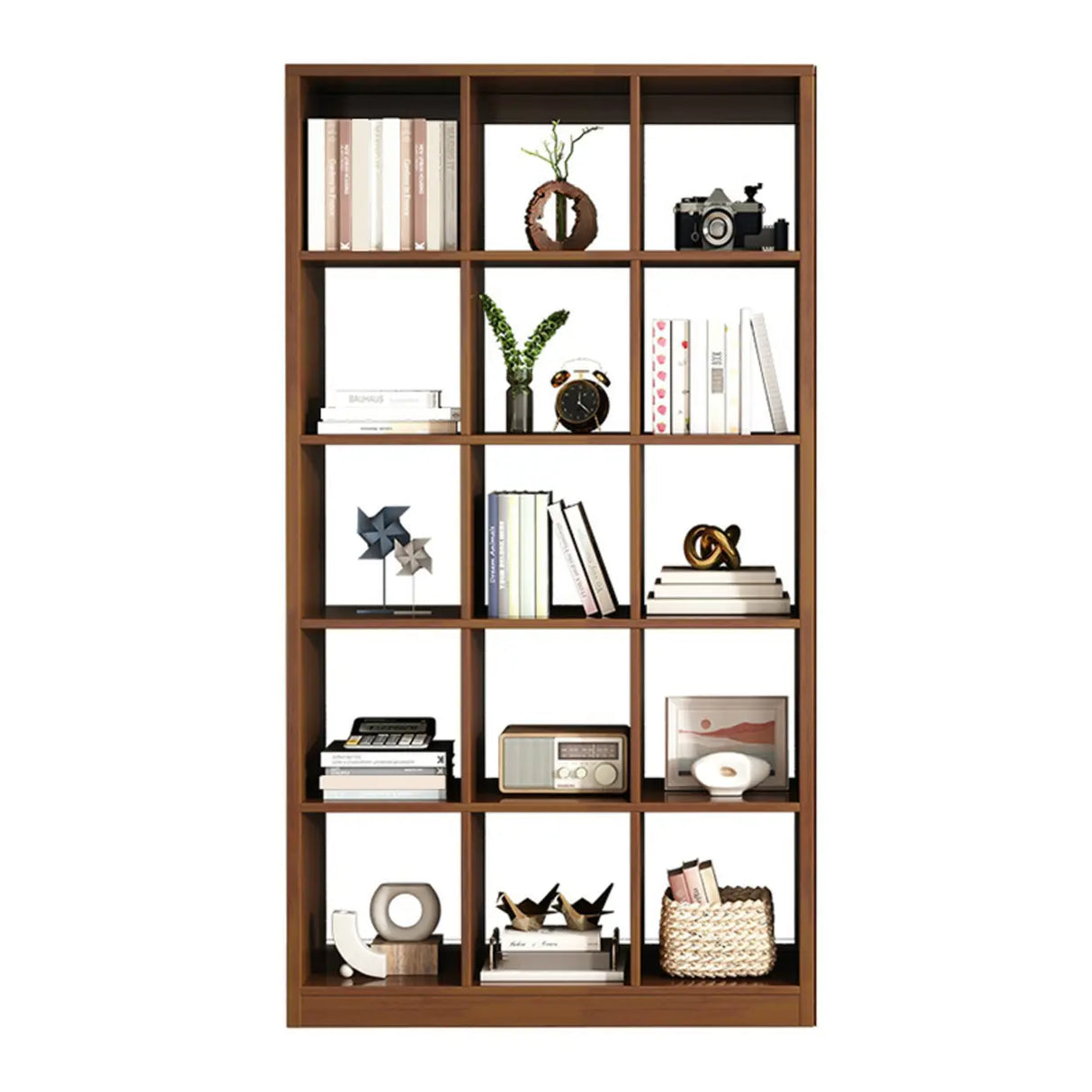 Modern Oak Vertical Multi-Size Wood Etagere Bookcase Image - 8
