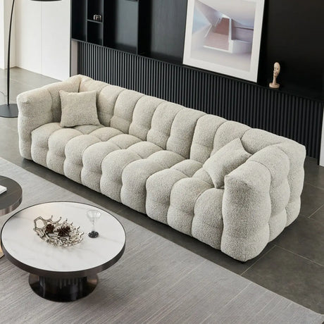 Modern Off-White Sherpa Tuxedo Arm Biscuit Back Sofa Image - 1
