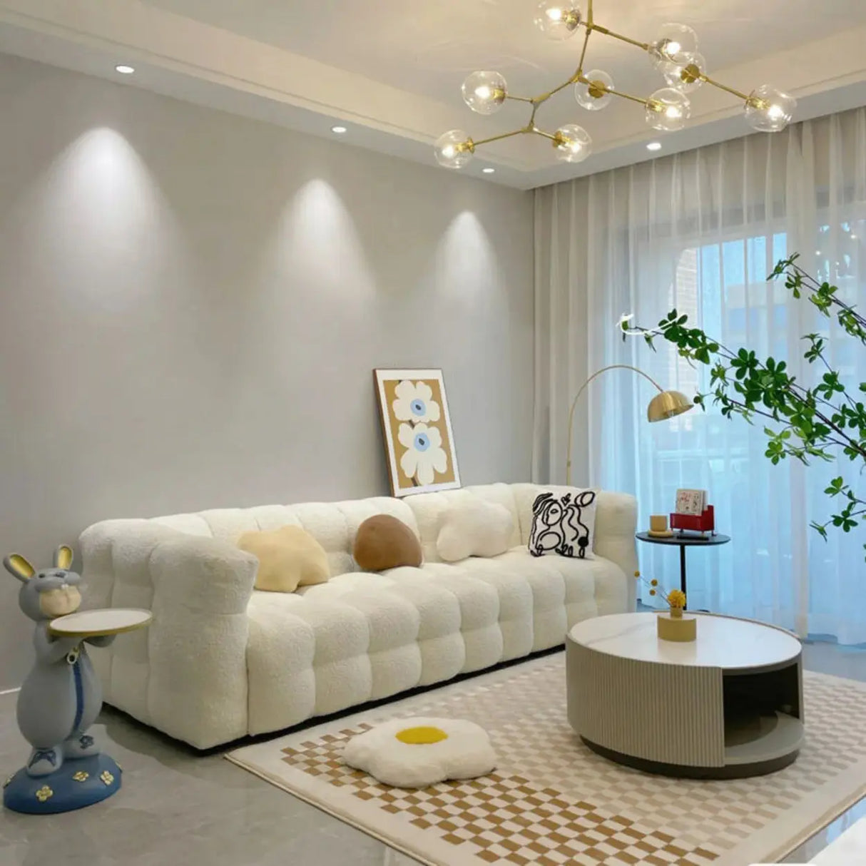 Modern Off-White Sherpa Tuxedo Arm Biscuit Back Sofa Image - 4
