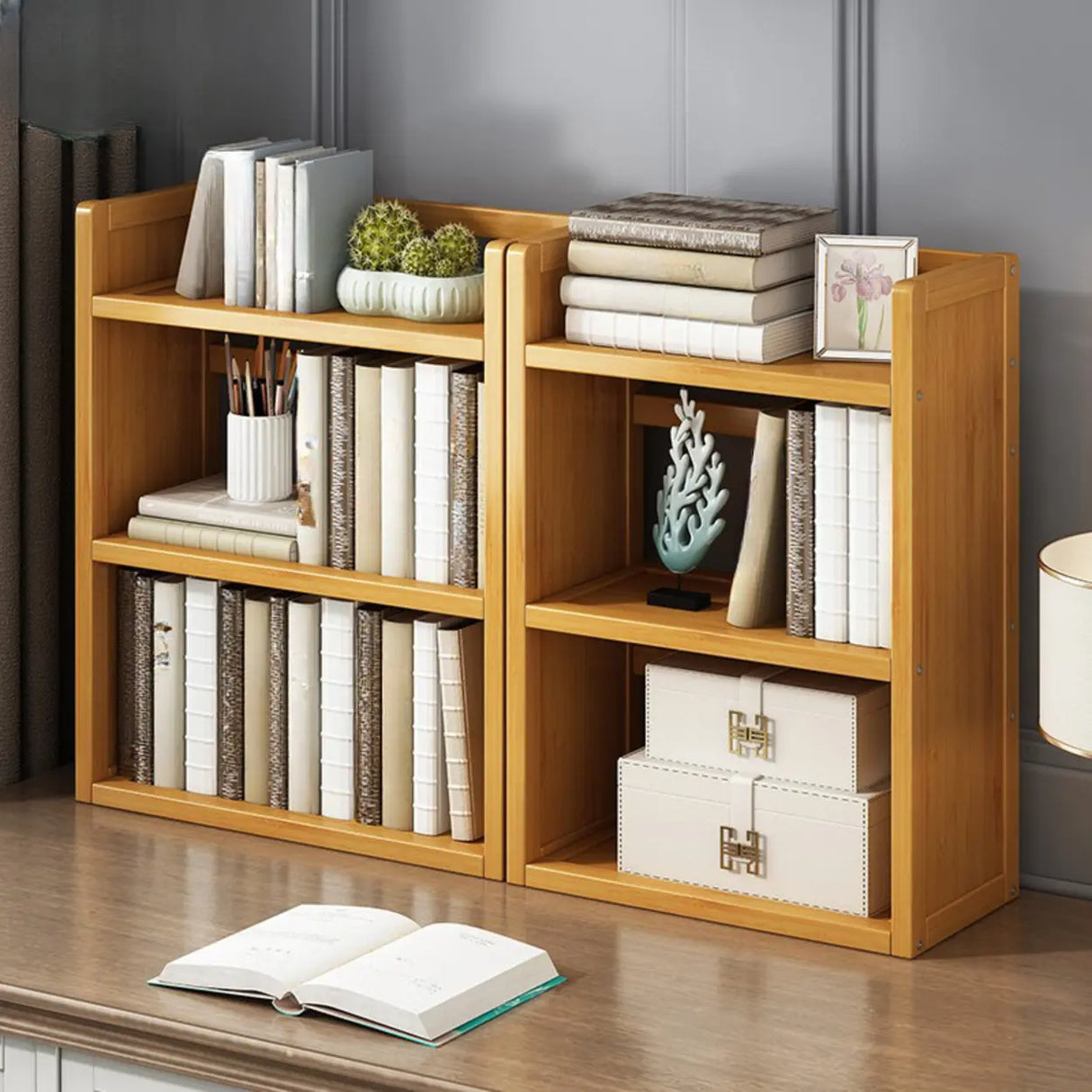 Modern Open Back Desktop Storage Rack Bamboo Bookcase Image - 1