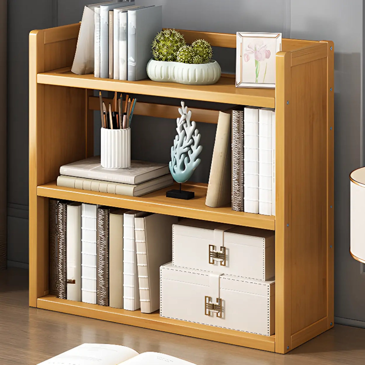 Modern Open Back Desktop Storage Rack Bamboo Bookcase Image - 3