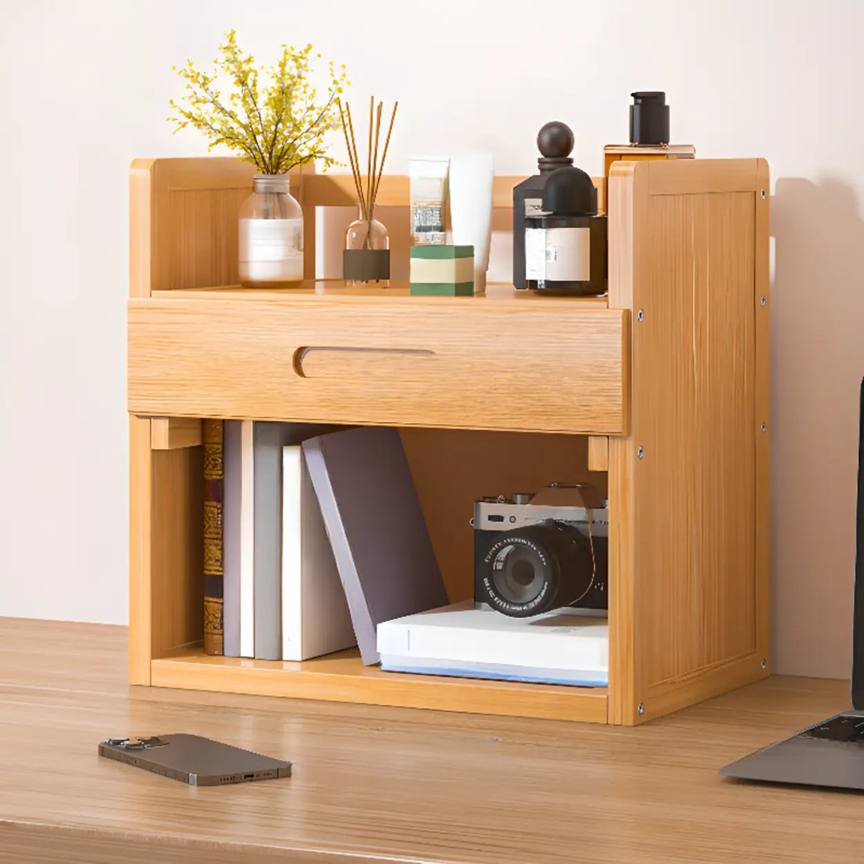 Modern Open Back Desktop Storage Rack Bamboo Bookcase Image - 8