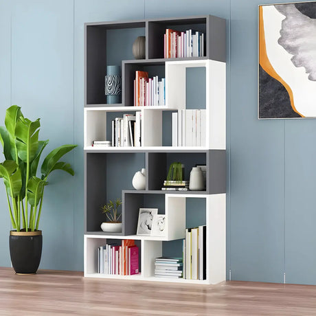 Modern Open Back Multi-Tier Geometric Wood Bookcase Image - 1