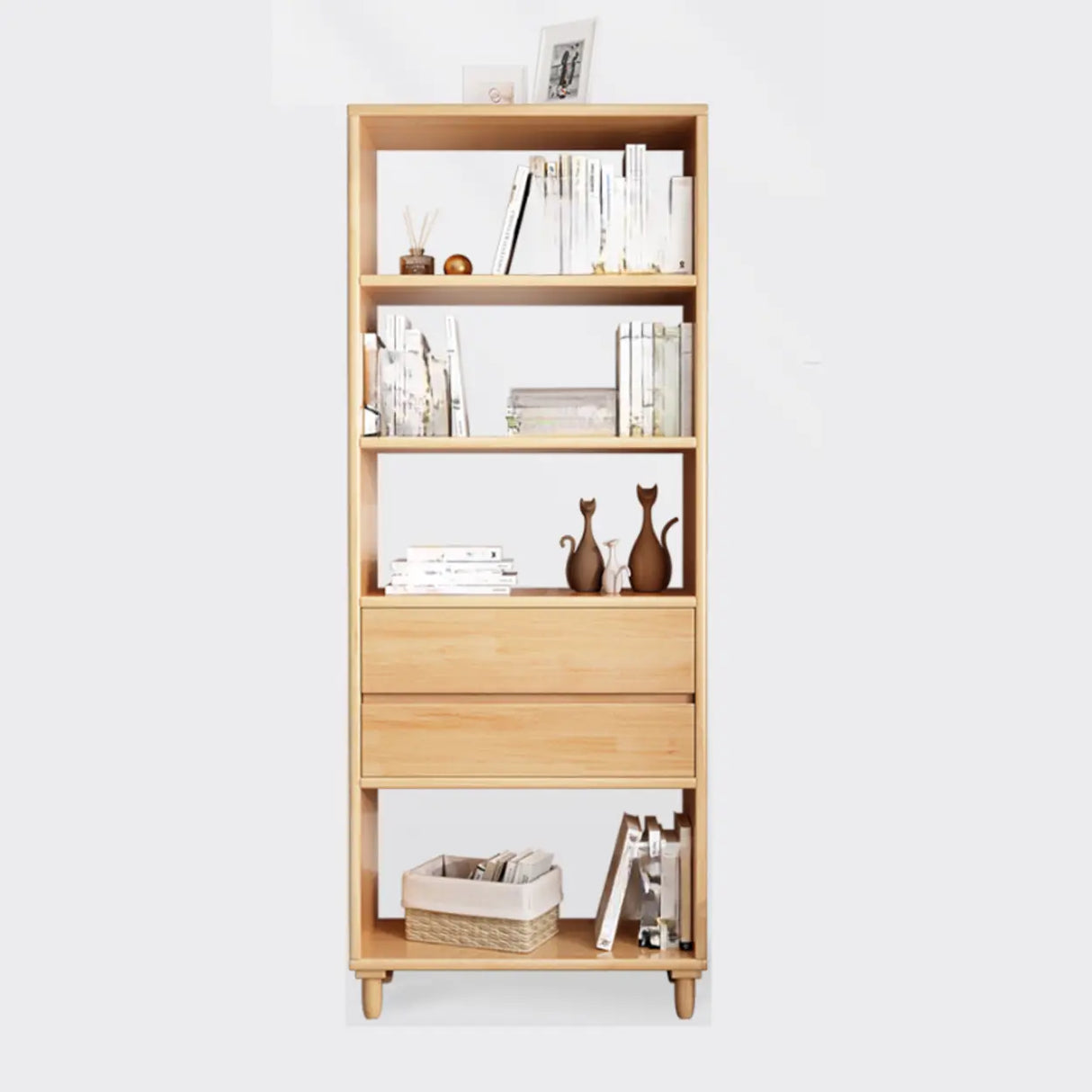 Modern Open Back Neutral Wood Double Drawers Bookcase Image - 10