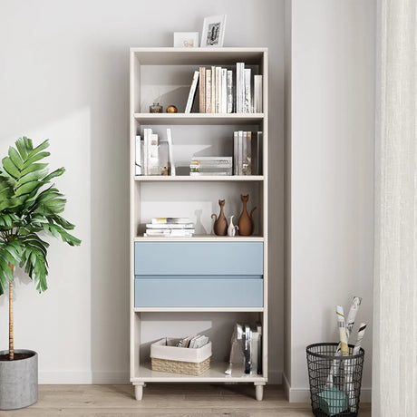 Modern Open Back Neutral Wood Double Drawers Bookcase Image - 2