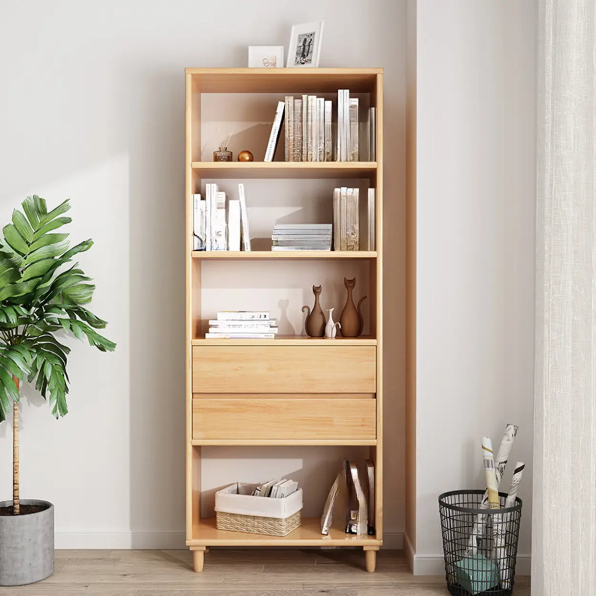 Modern Open Back Neutral Wood Double Drawers Bookcase Image - 3