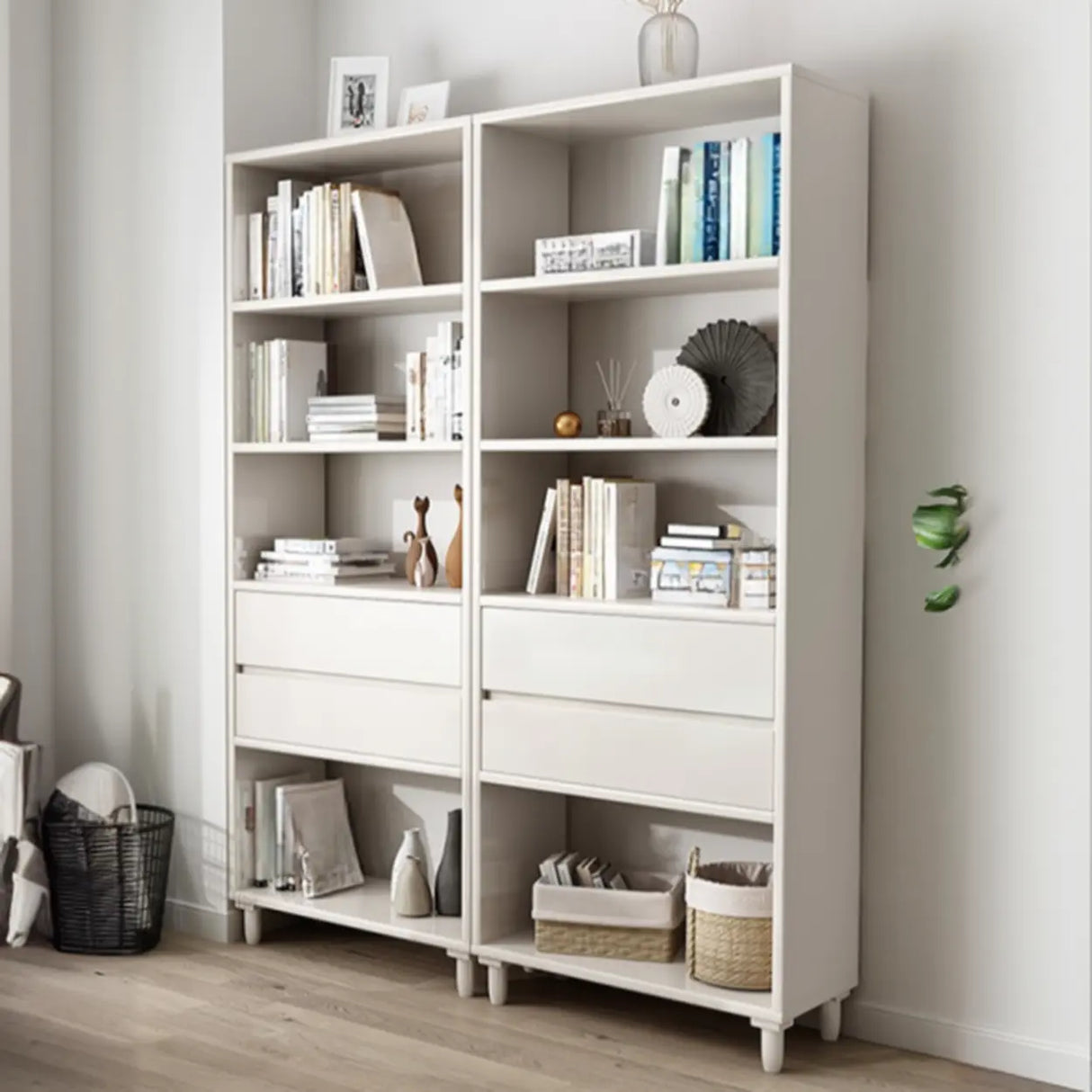 Modern Open Back Neutral Wood Double Drawers Bookcase Image - 4