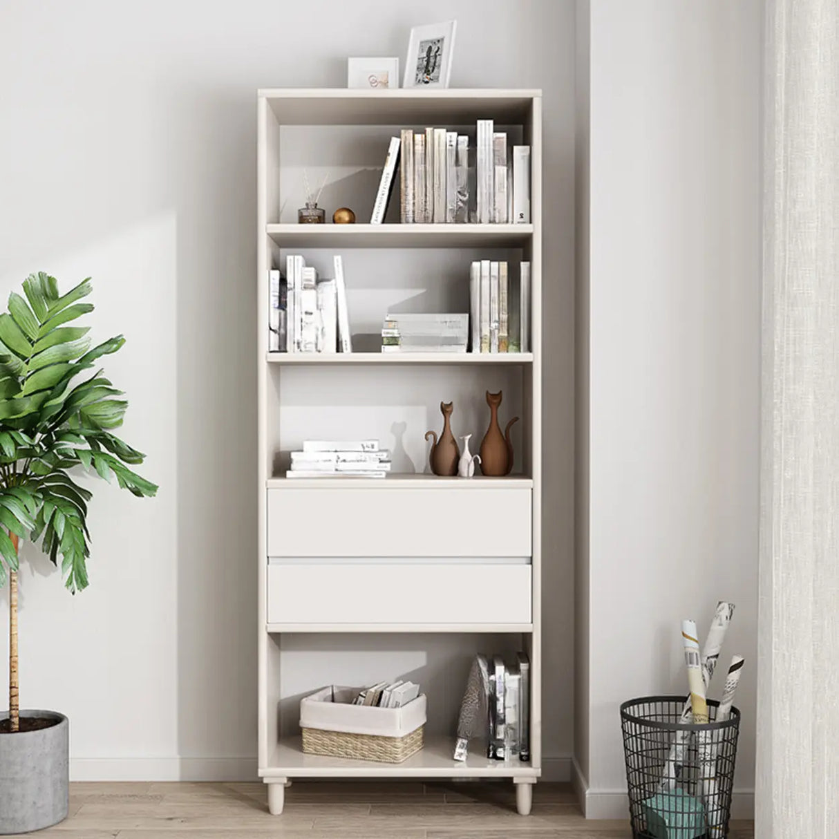Modern Open Back Neutral Wood Double Drawers Bookcase Image - 5