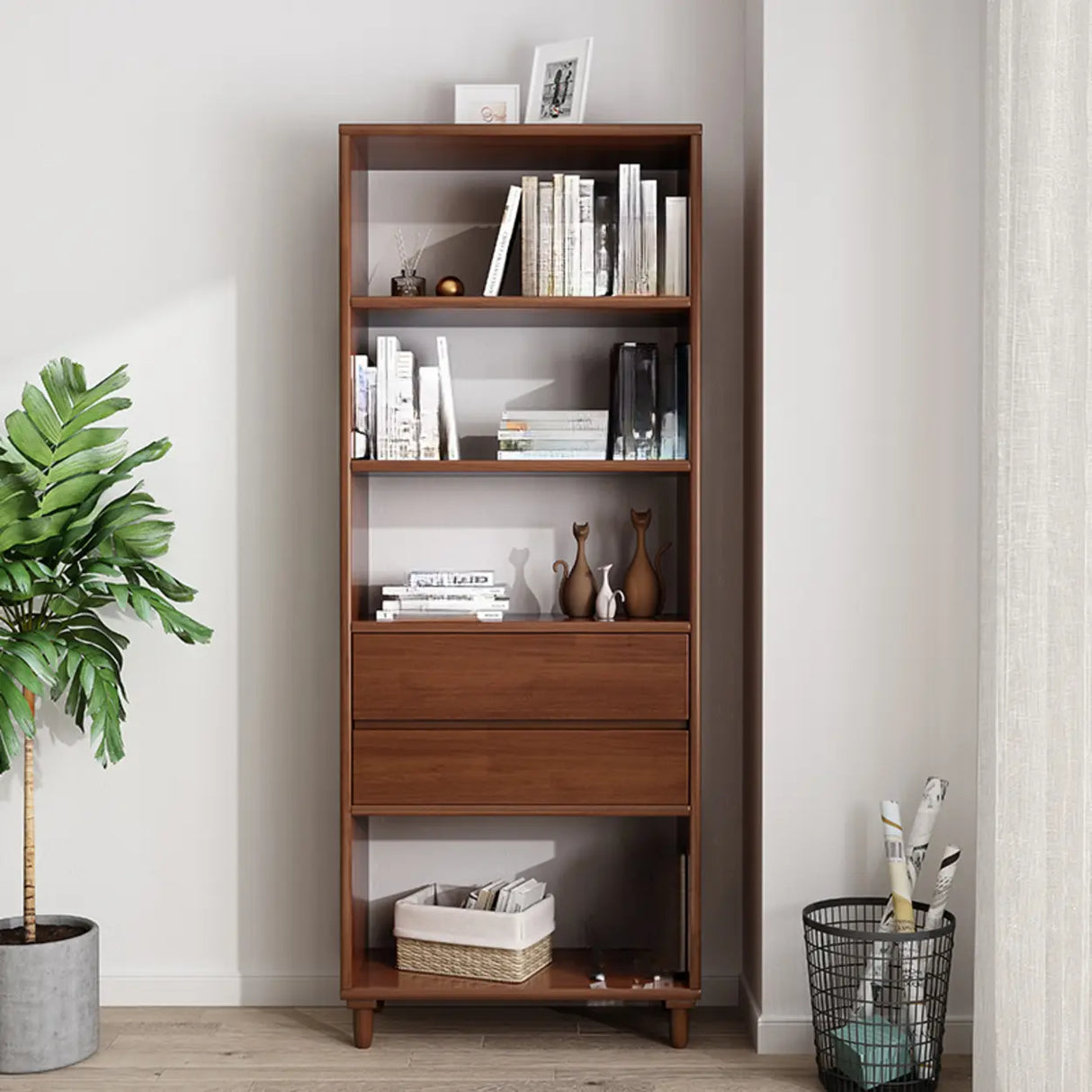 Modern Open Back Neutral Wood Double Drawers Bookcase Image - 7