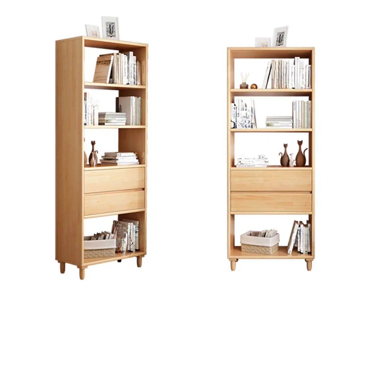 Modern Open Back Neutral Wood Double Drawers Bookcase Image - 9