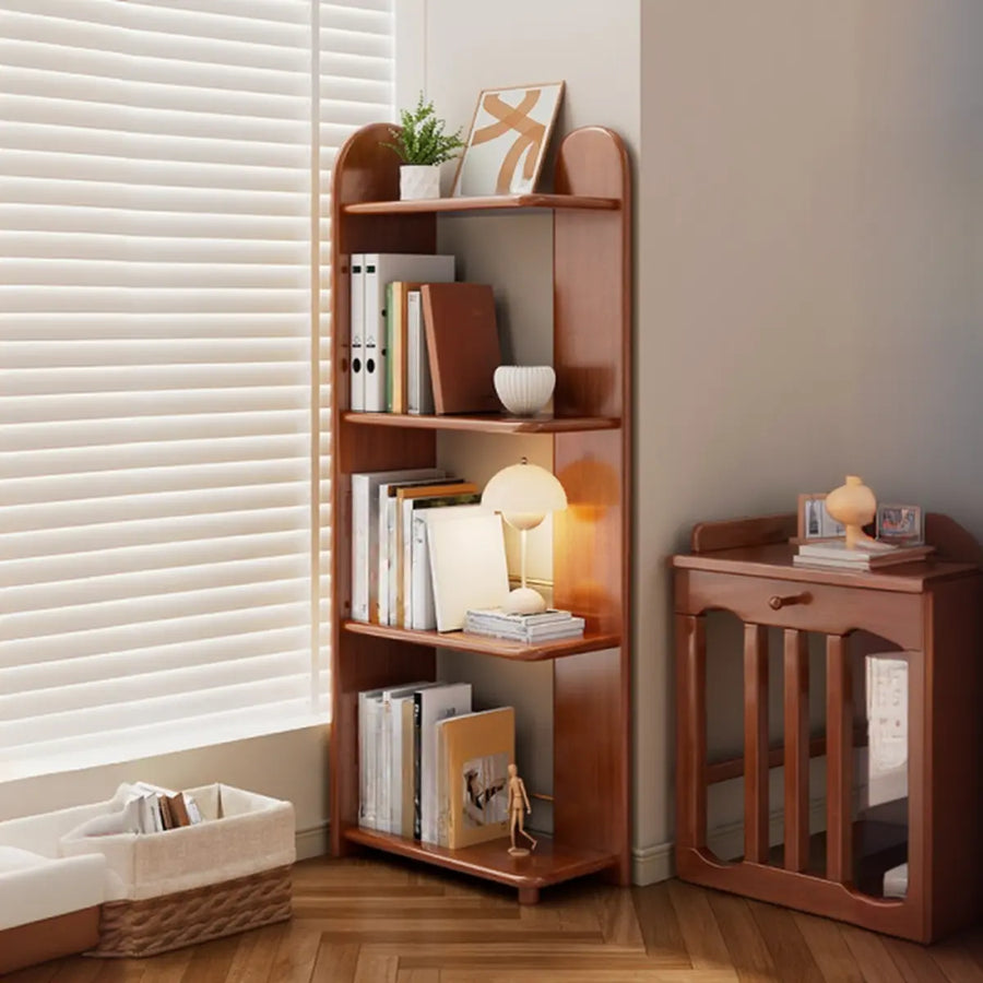 Modern narrow open-back rubberwood bookcase in brown