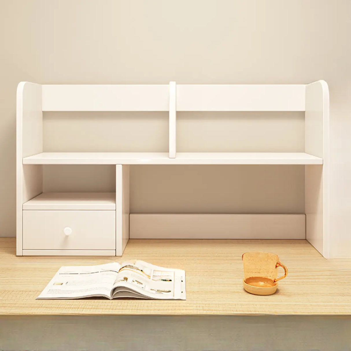 Modern Open Shelving Beige Wooden Desktop Bookcase Image - 15