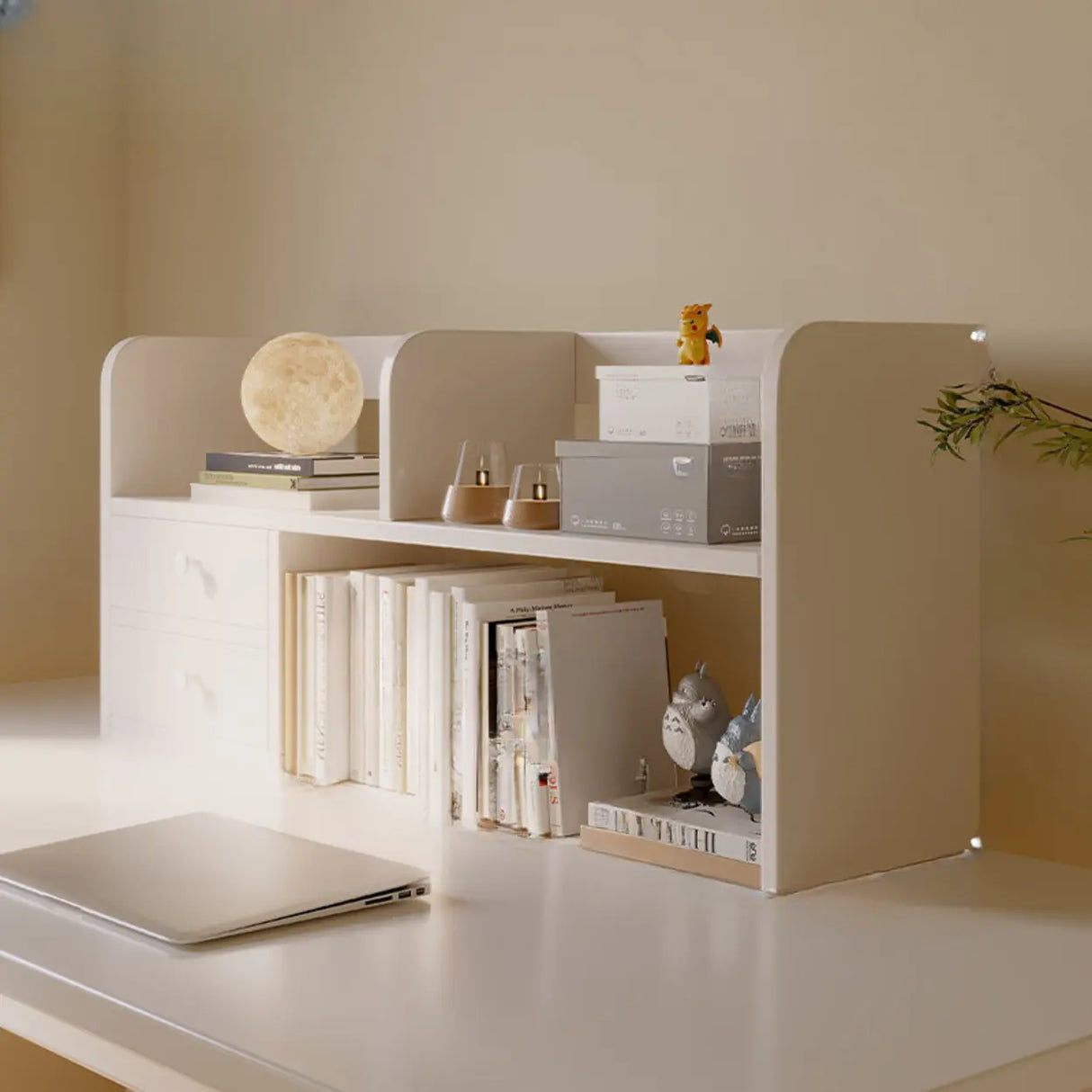 Modern Open Shelving Beige Wooden Desktop Bookcase Image - 17