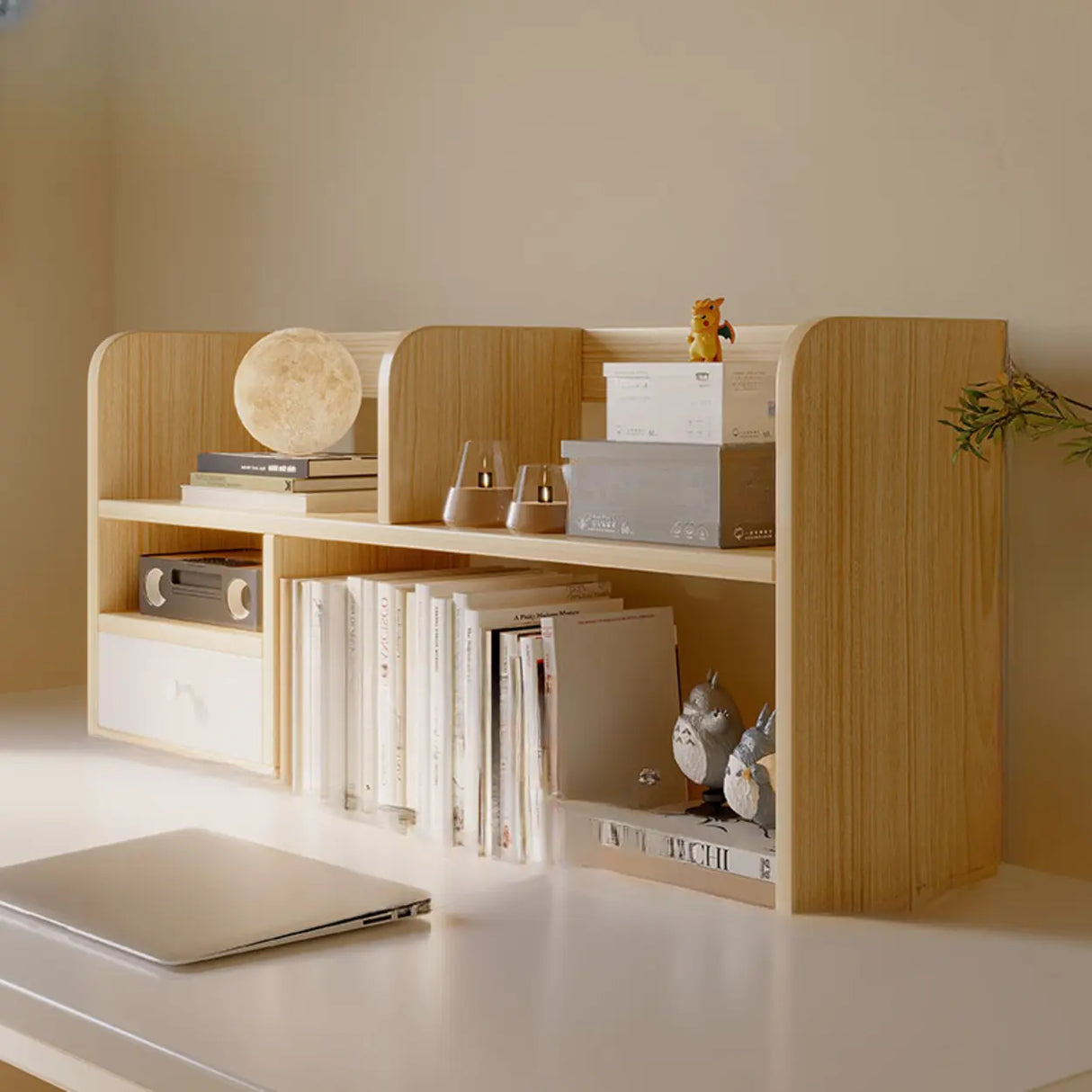 Modern Open Shelving Beige Wooden Desktop Bookcase Image - 18