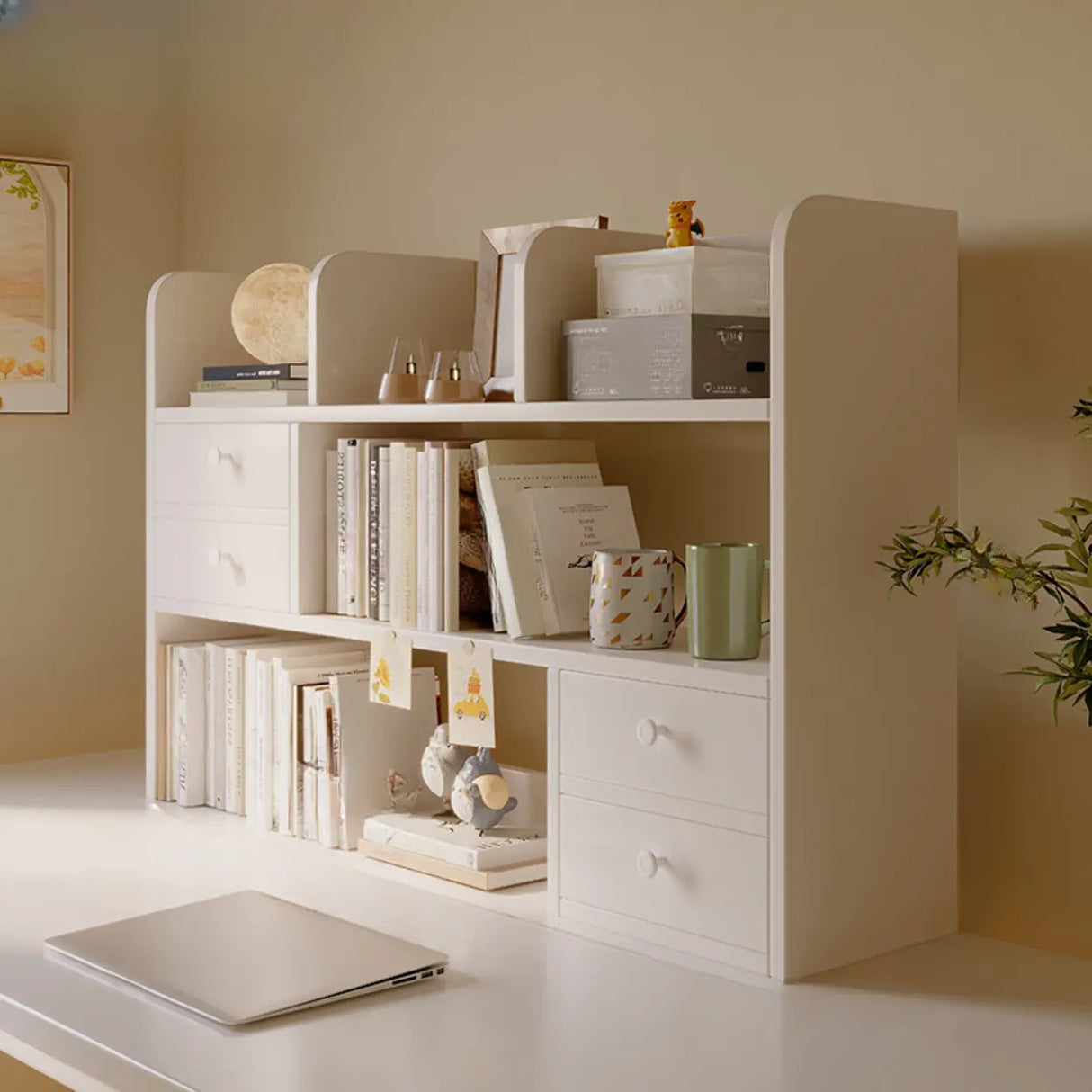 Modern Open Shelving Beige Wooden Desktop Bookcase Image - 22