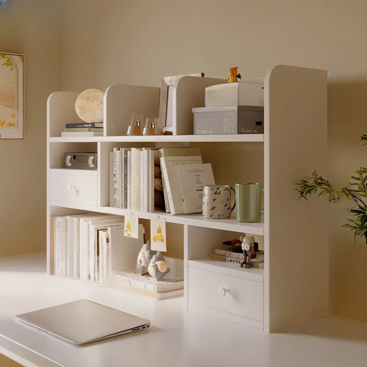 Modern Open Shelving Beige Wooden Desktop Bookcase Image - 23