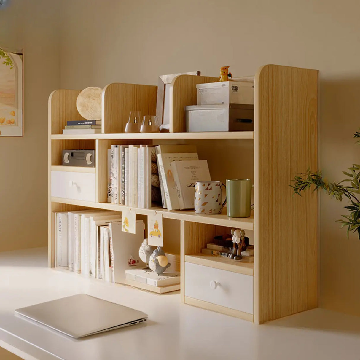 Modern Open Shelving Beige Wooden Desktop Bookcase Image - 24