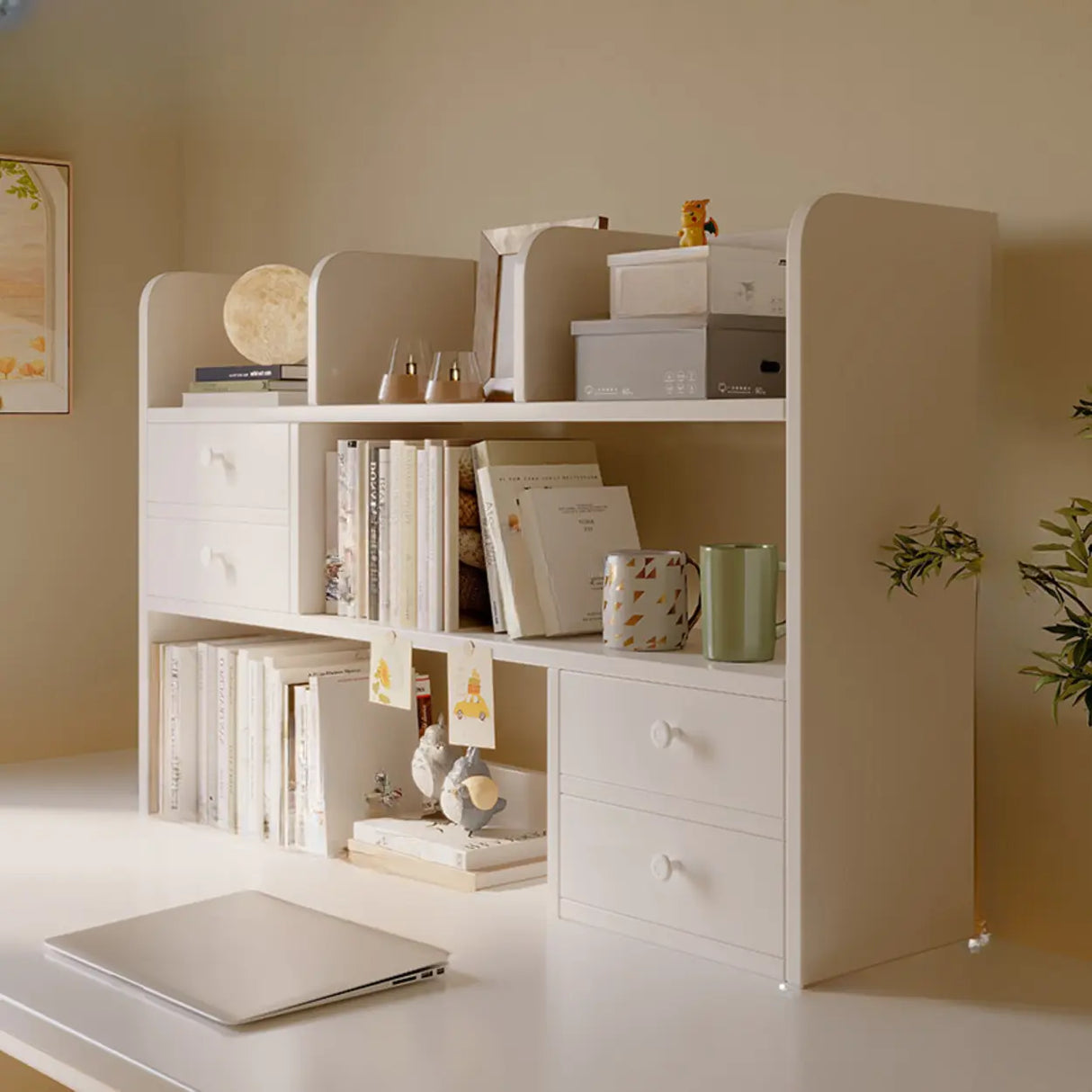 Modern Open Shelving Beige Wooden Desktop Bookcase Image - 2