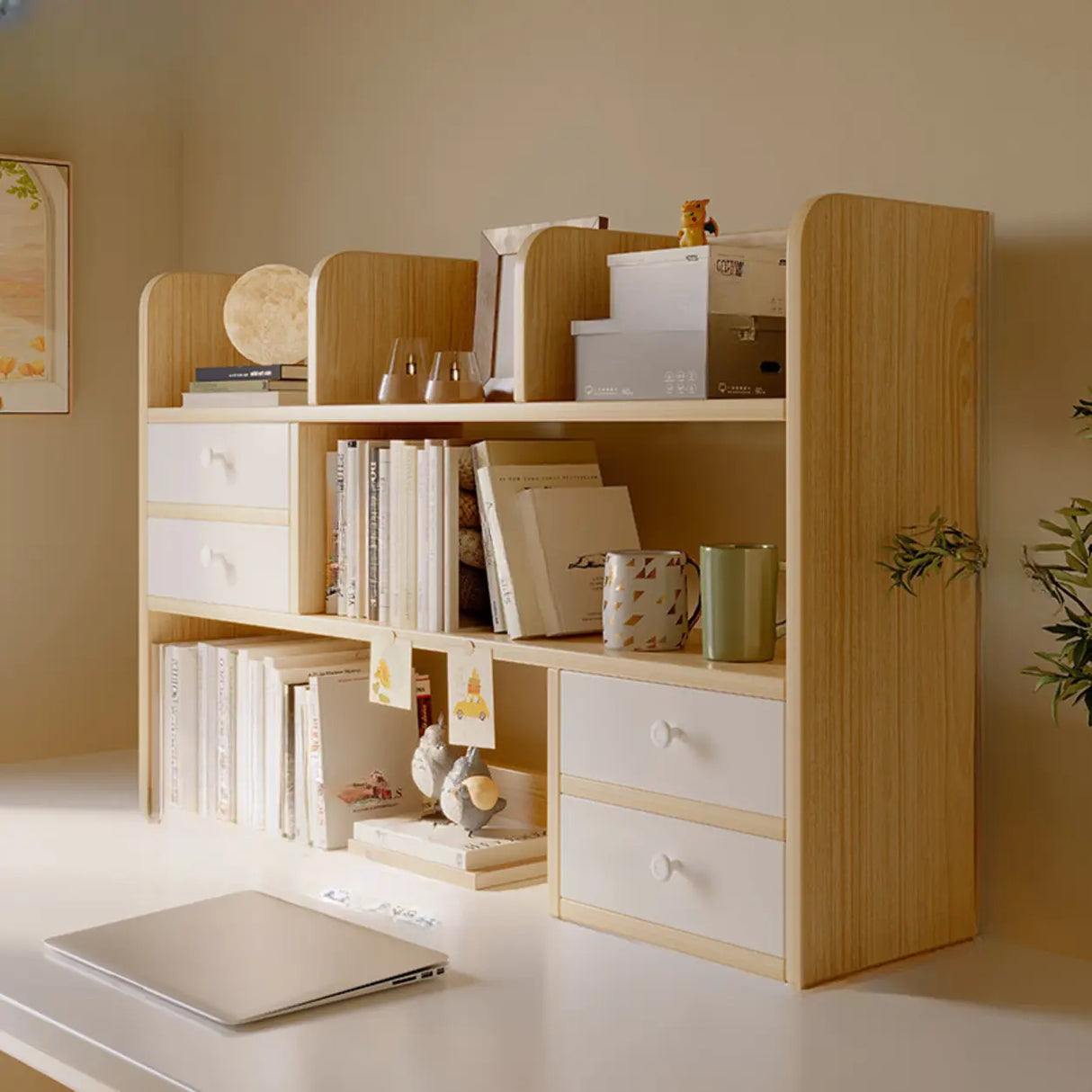 Modern Open Shelving Beige Wooden Desktop Bookcase Image - 26