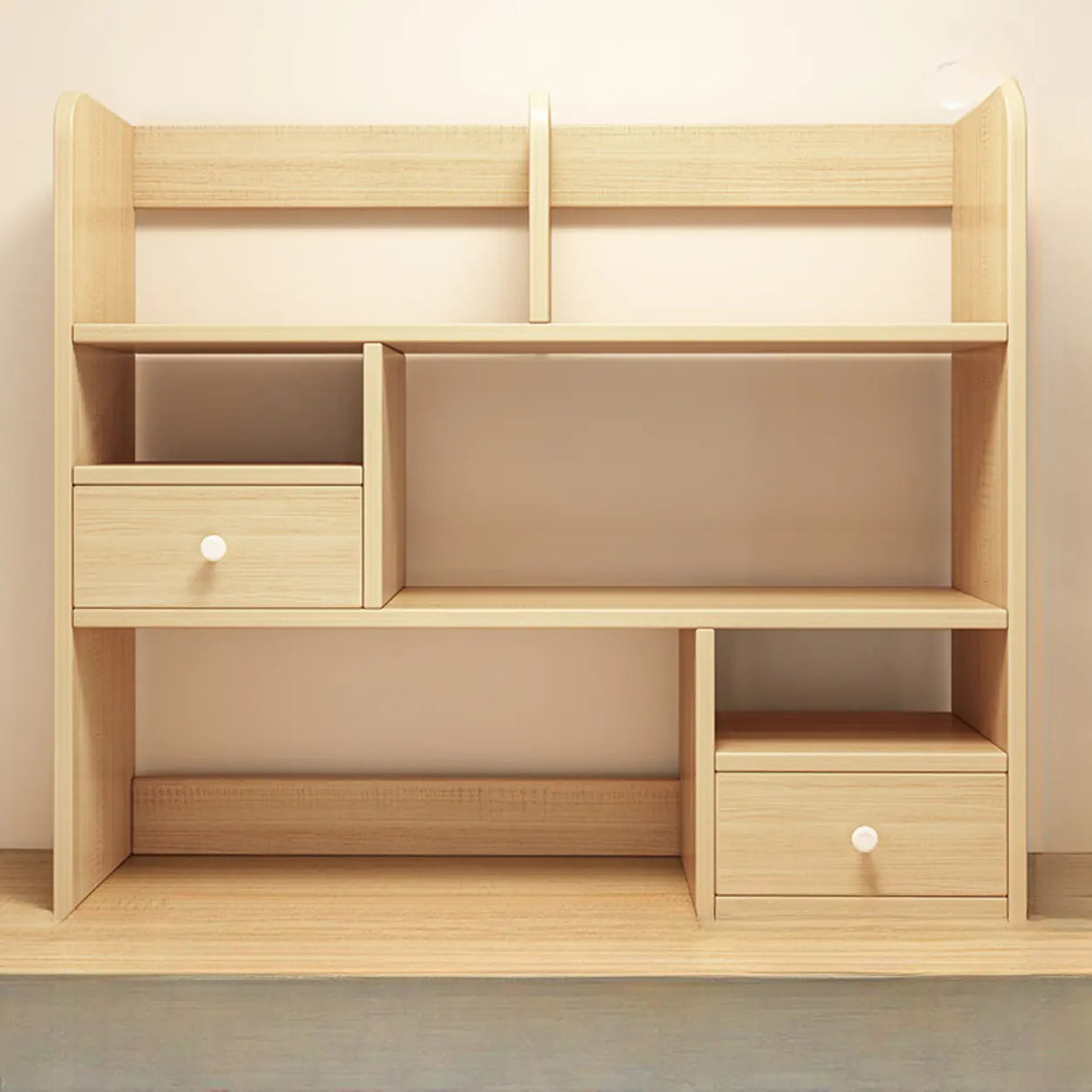 Modern Open Shelving Beige Wooden Desktop Bookcase Image - 29