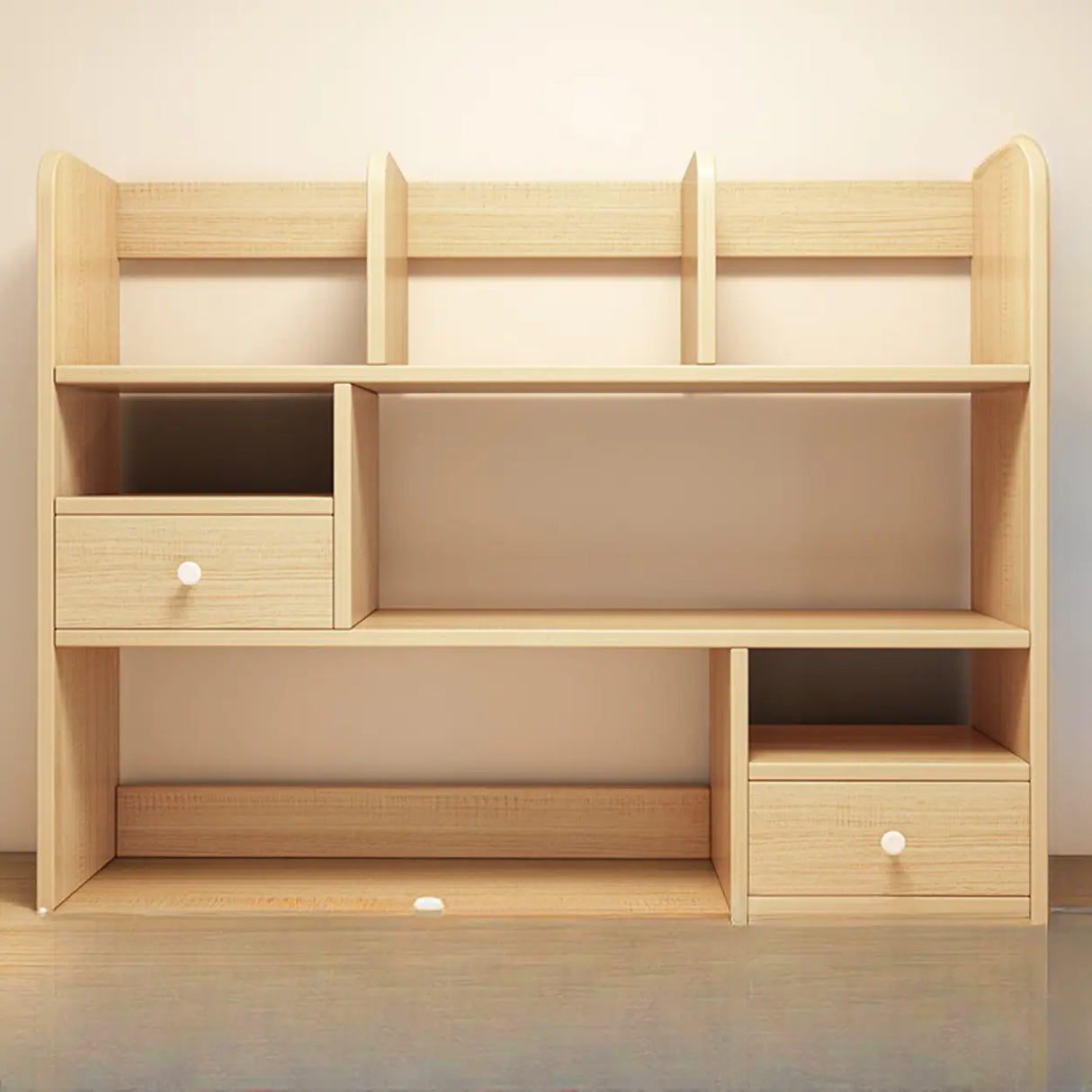 Modern Open Shelving Beige Wooden Desktop Bookcase Image - 35