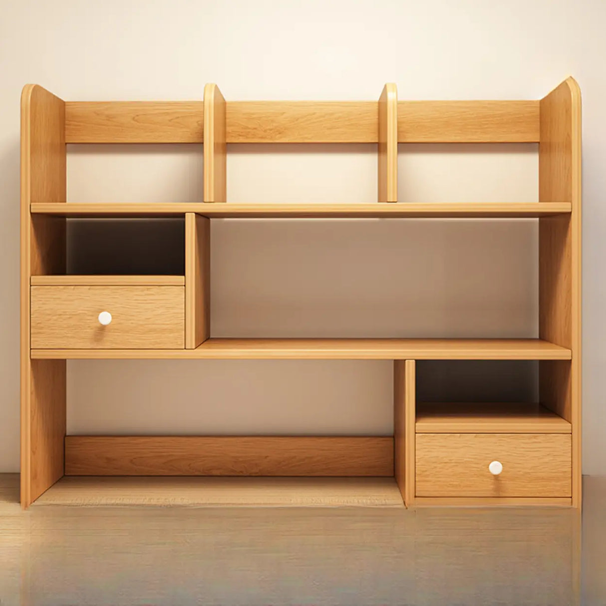 Modern Open Shelving Beige Wooden Desktop Bookcase Image - 36