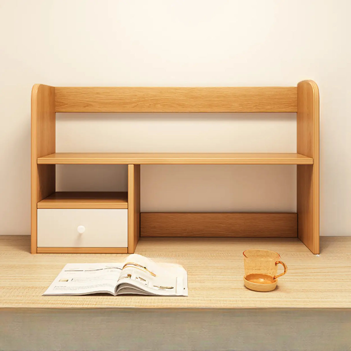 Modern Open Shelving Beige Wooden Desktop Bookcase Image - 11