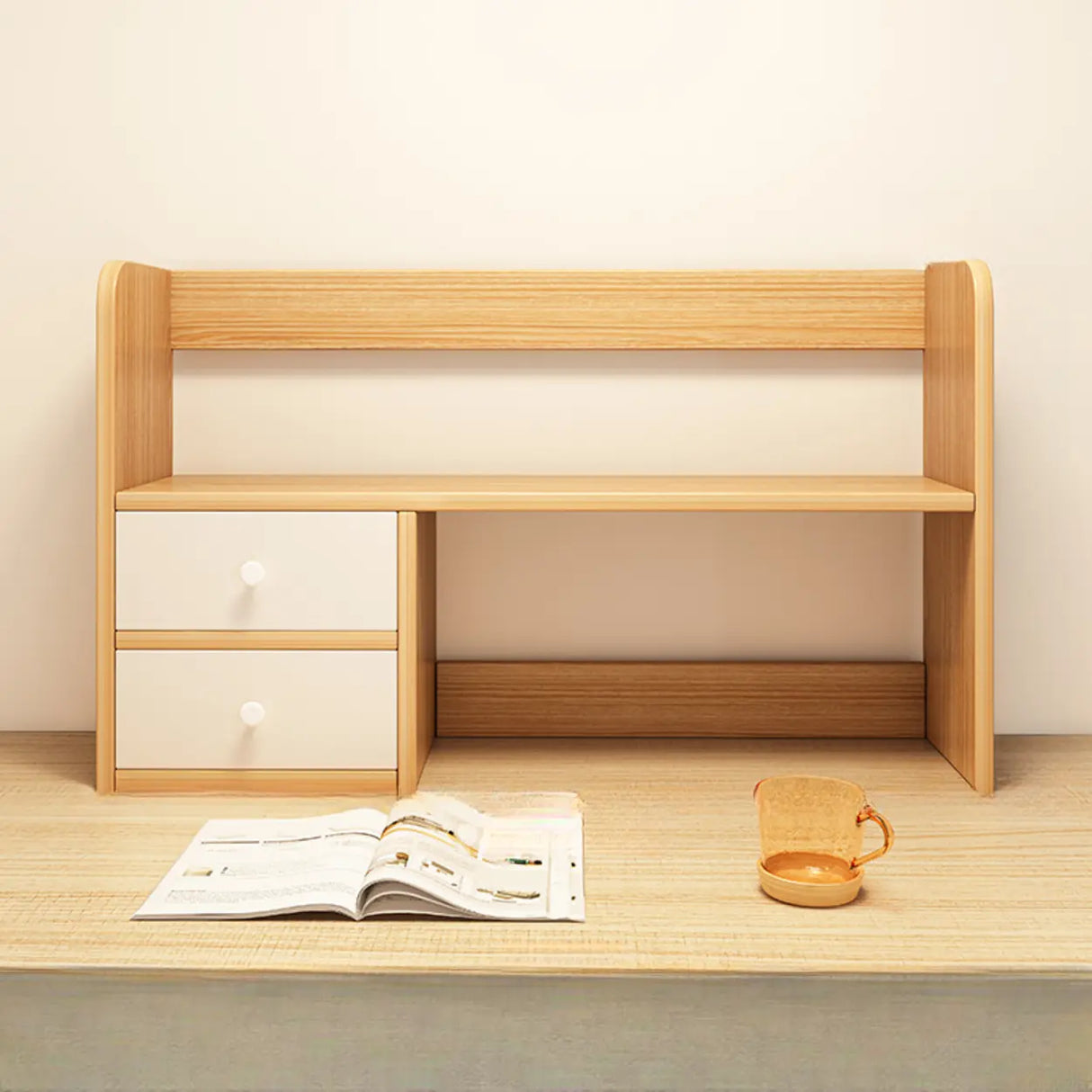 Modern Open Shelving Beige Wooden Desktop Bookcase Image - 13