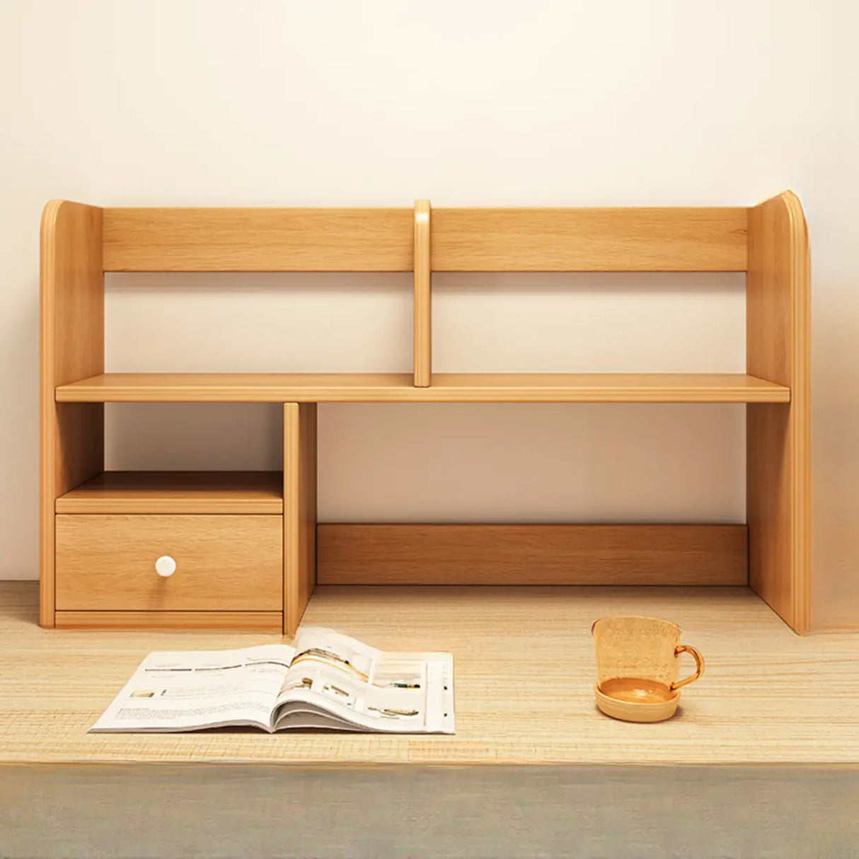 Modern Open Shelving Beige Wooden Desktop Bookcase Image - 14