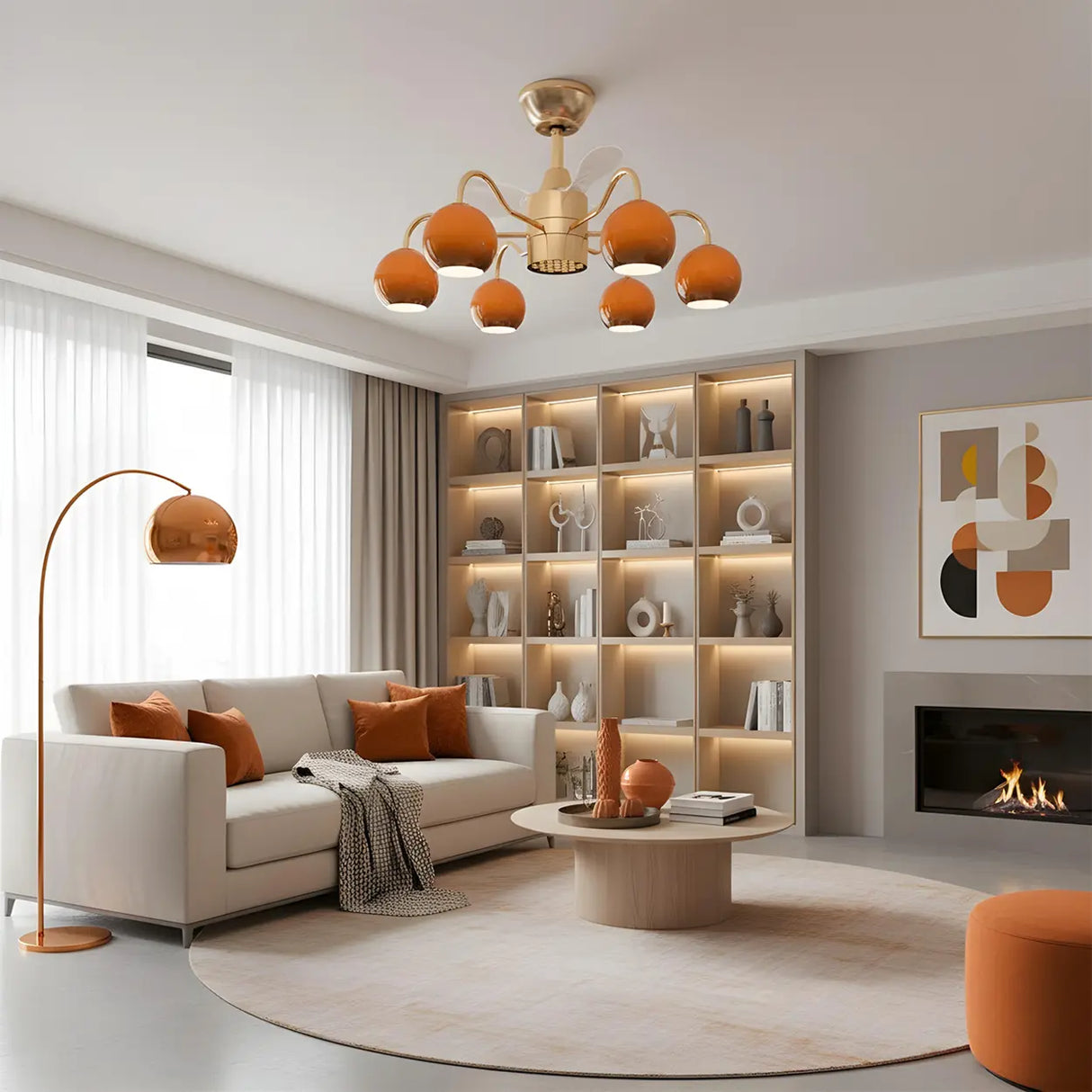 Modern Orange Globe 6-Light Remote Control Ceiling Fan Light Image - 4