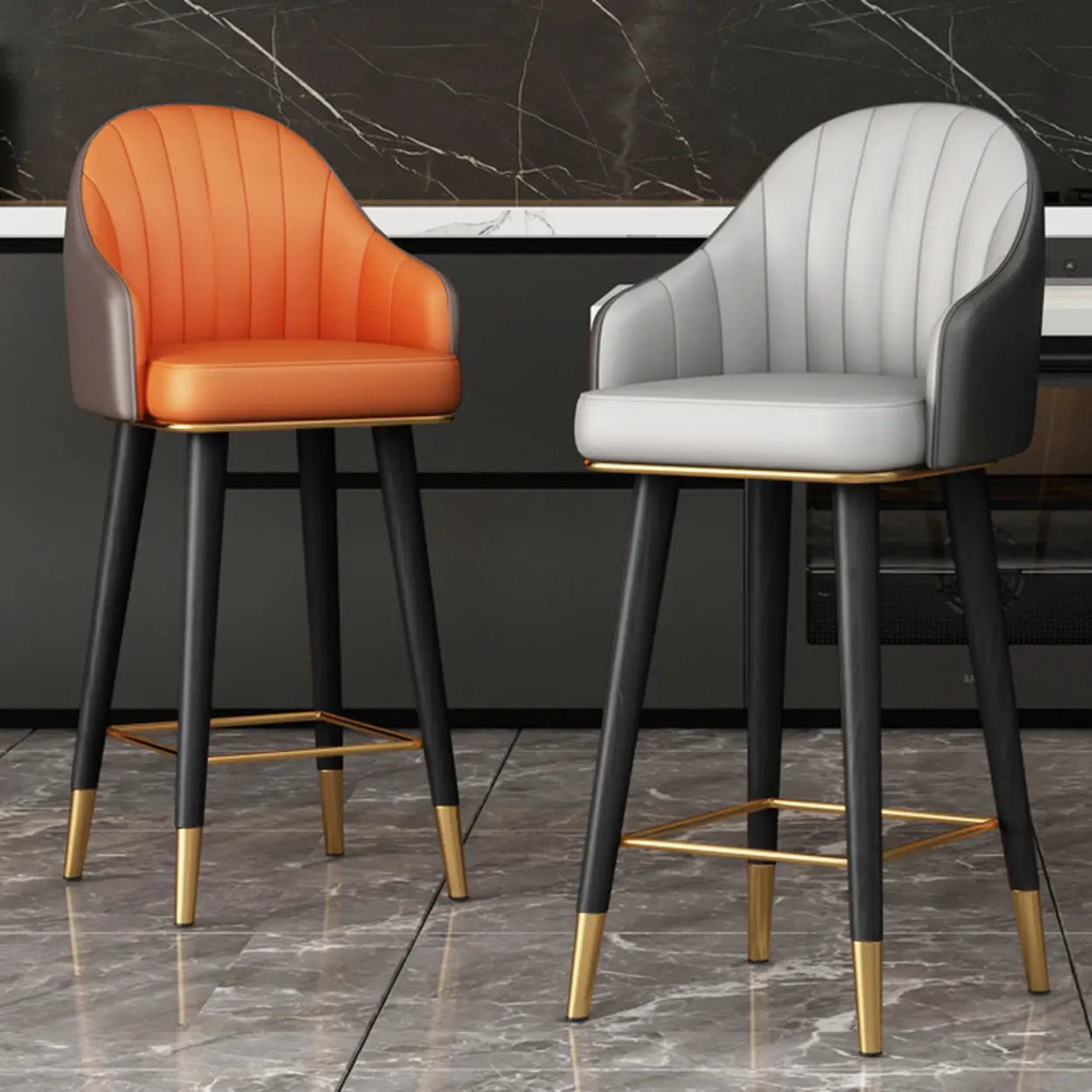 Modern Orange Swivel Leather Upholstered Bucket Bar Stool Image - 1