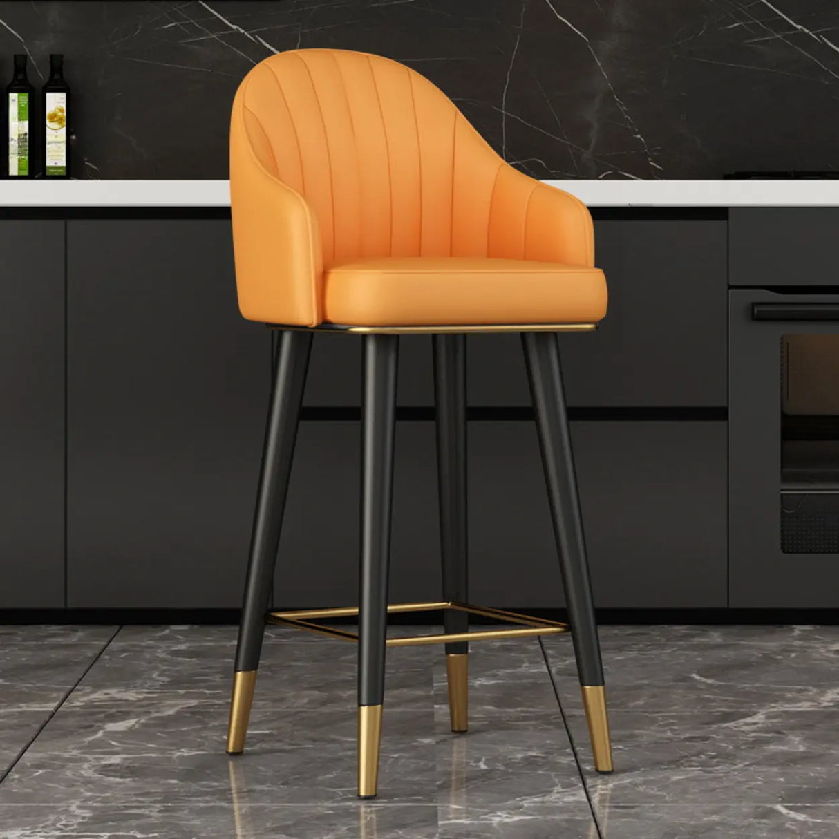 Modern Orange Swivel Leather Upholstered Bucket Bar Stool Image - 11
