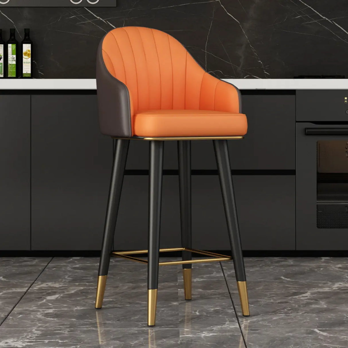 Modern Orange Swivel Leather Upholstered Bucket Bar Stool Image - 13