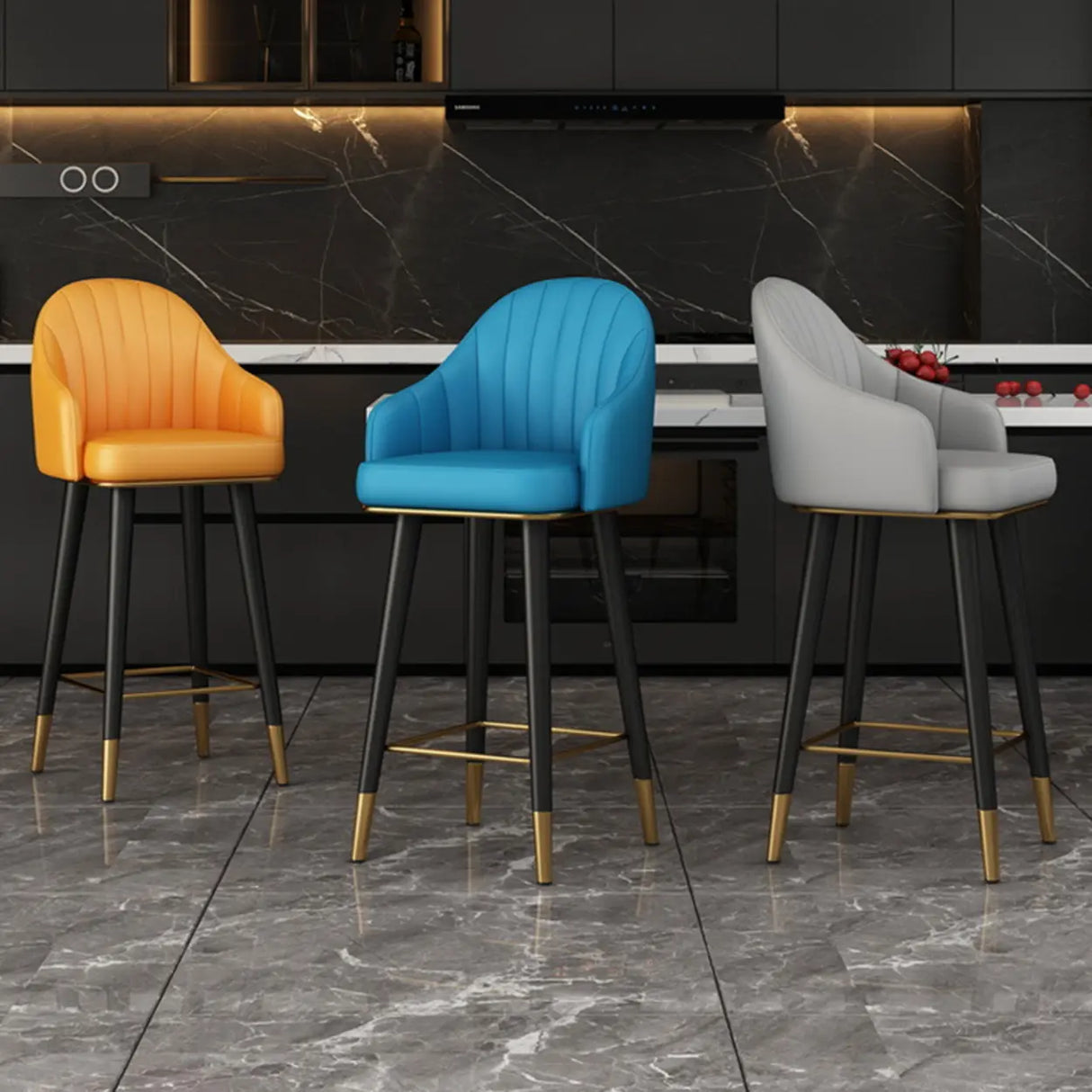 Modern Orange Swivel Leather Upholstered Bucket Bar Stool Image - 3