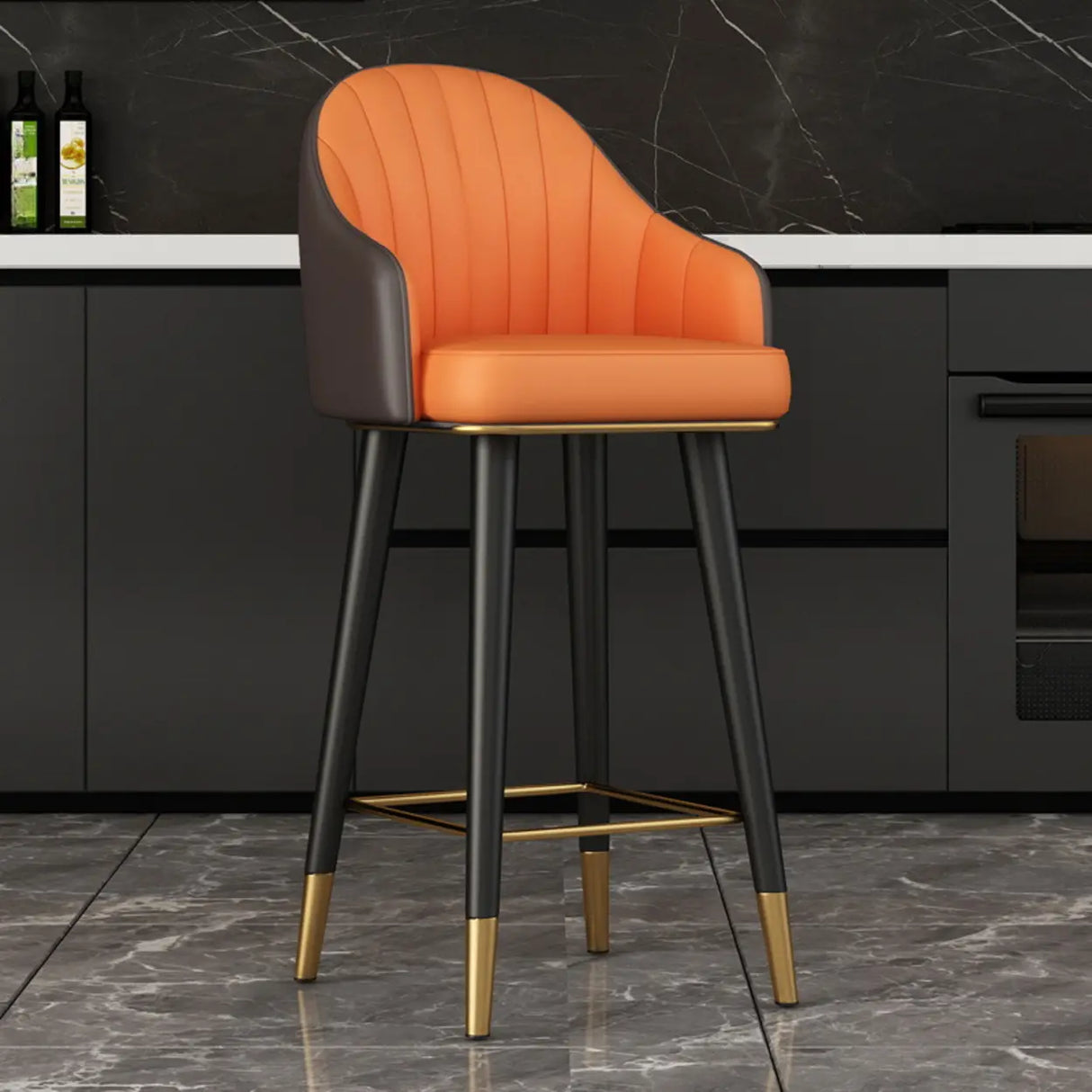 Modern Orange Swivel Leather Upholstered Bucket Bar Stool Image - 4