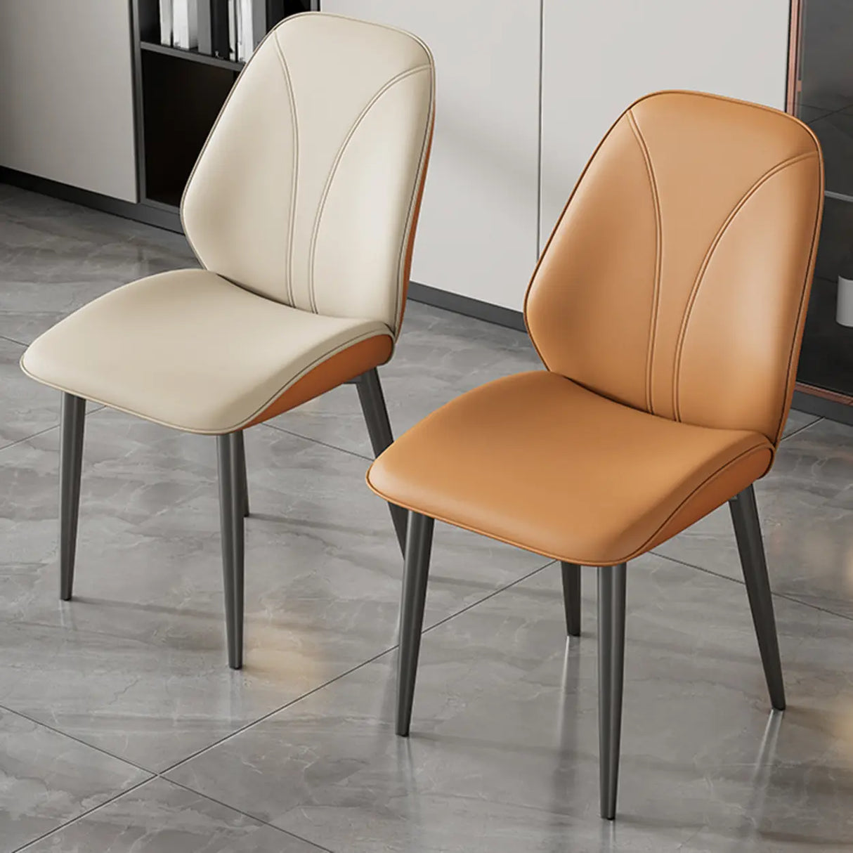 Modern Orange Upholstered Solid Back Leather Dining Chairs Image - 1