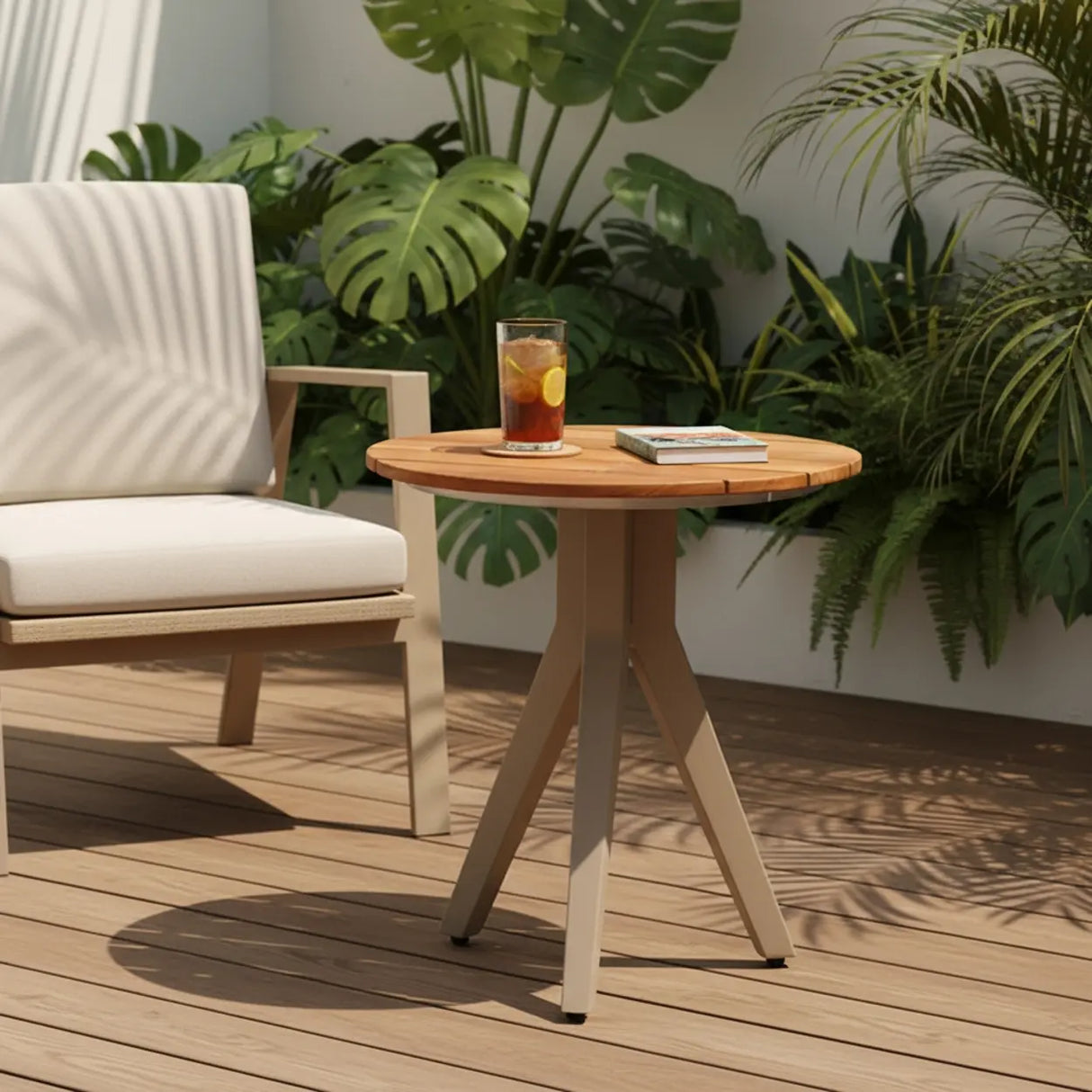 Modern Outdoor Small Round Solid Teak Patio Coffee Table Image - 2
