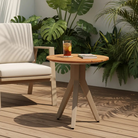 Modern Outdoor Small Round Solid Teak Patio Coffee Table Image - 2