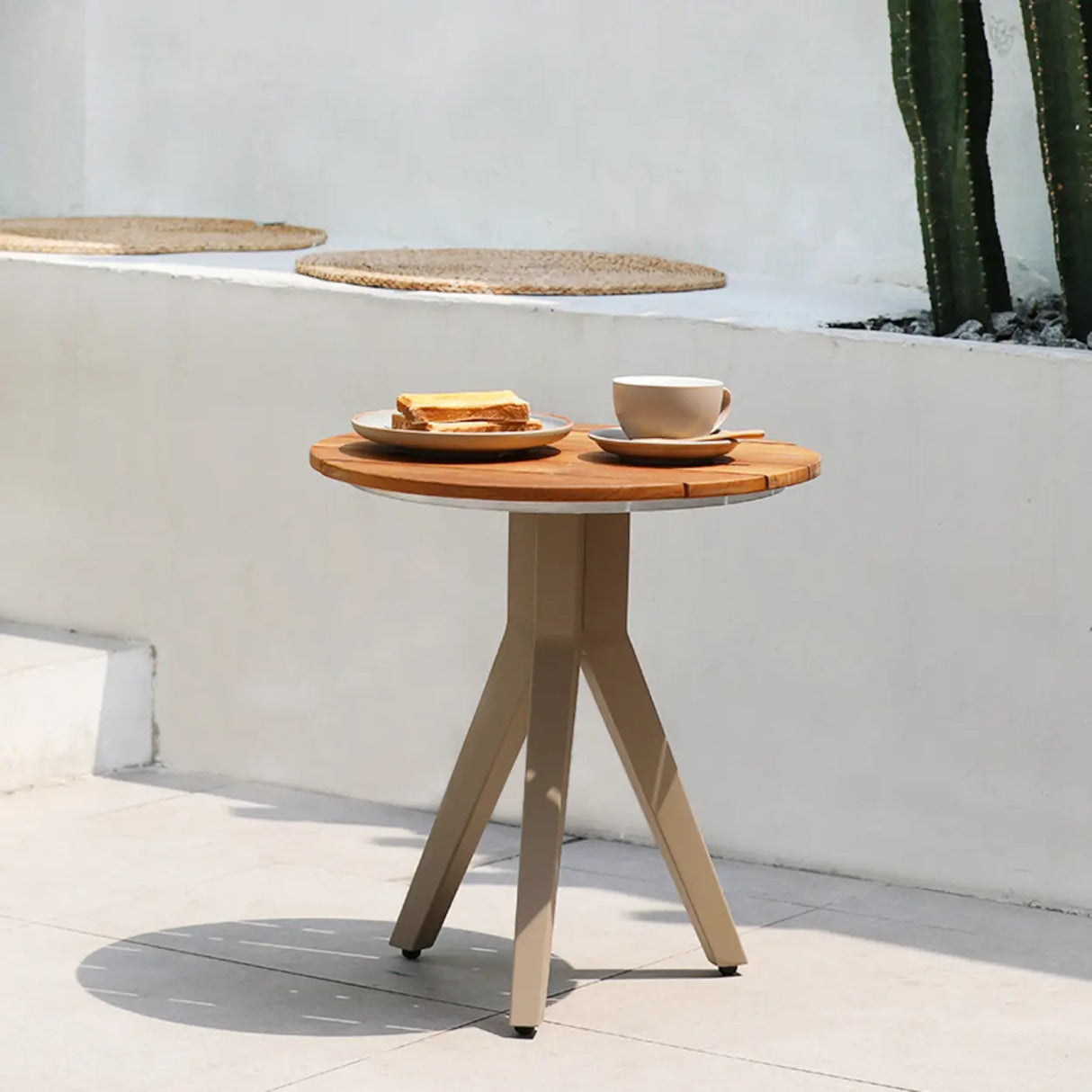 Modern Outdoor Small Round Solid Teak Patio Coffee Table Image - 6